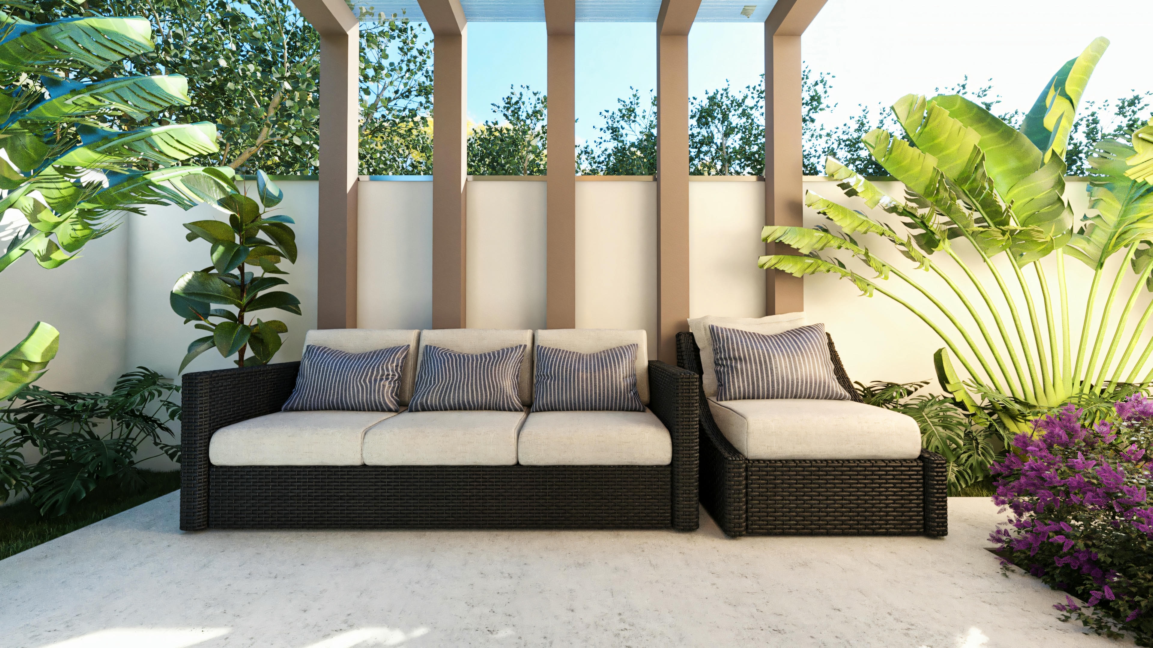 An interior space with a large window overlooking a body of water, featuring a cozy seating area.
