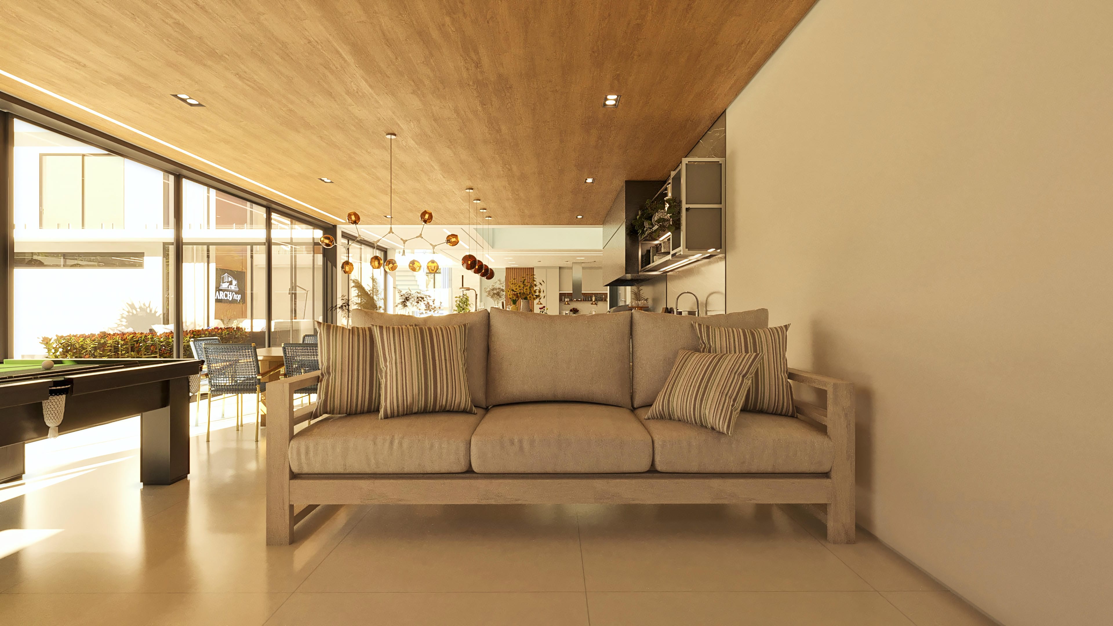 Interior of a luxury home with integrated kitchen and living area. Highlighting the wooden ceiling, modern sofa, polished floor, and sophisticated lighting.