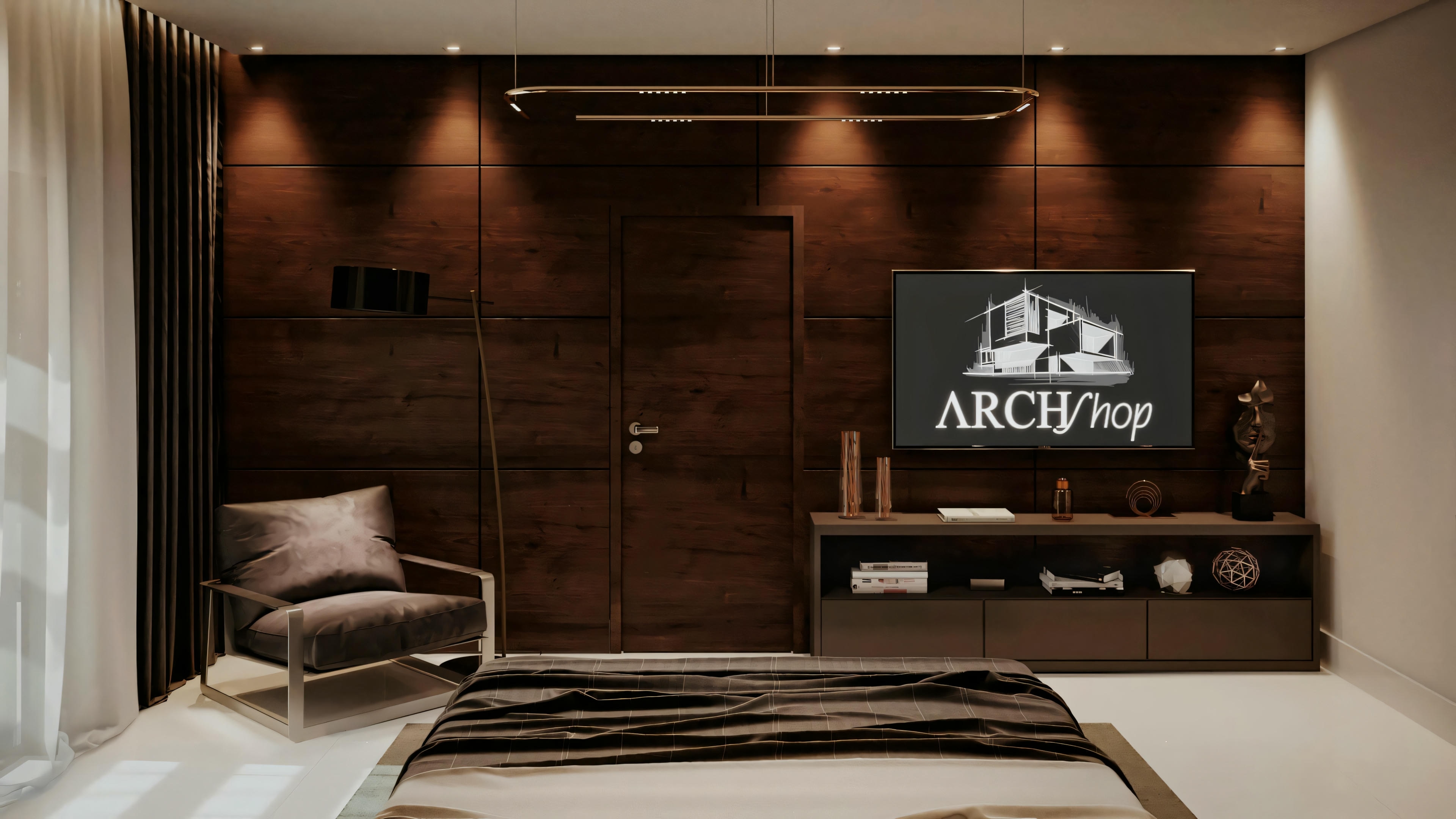 A living room or office space with dark wood paneling, a large flat-screen TV, black rug, and modern furniture.