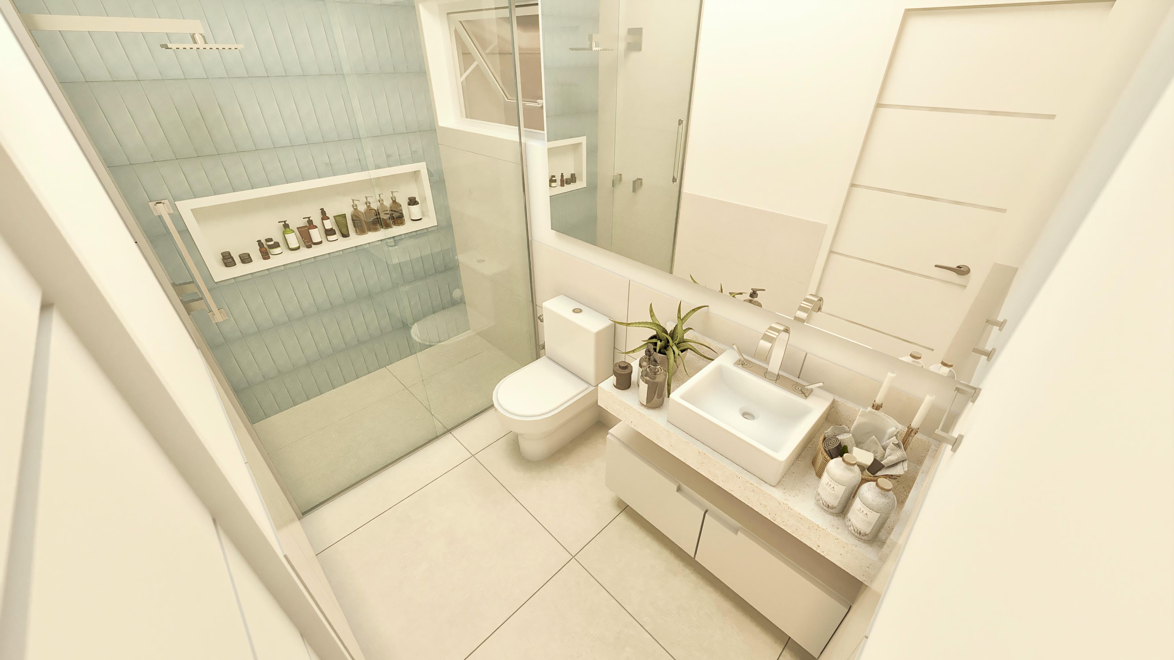 Internal bathroom environment with focus on functionality and modern design, with glass shower box, toilet, and counter with vessel sink.