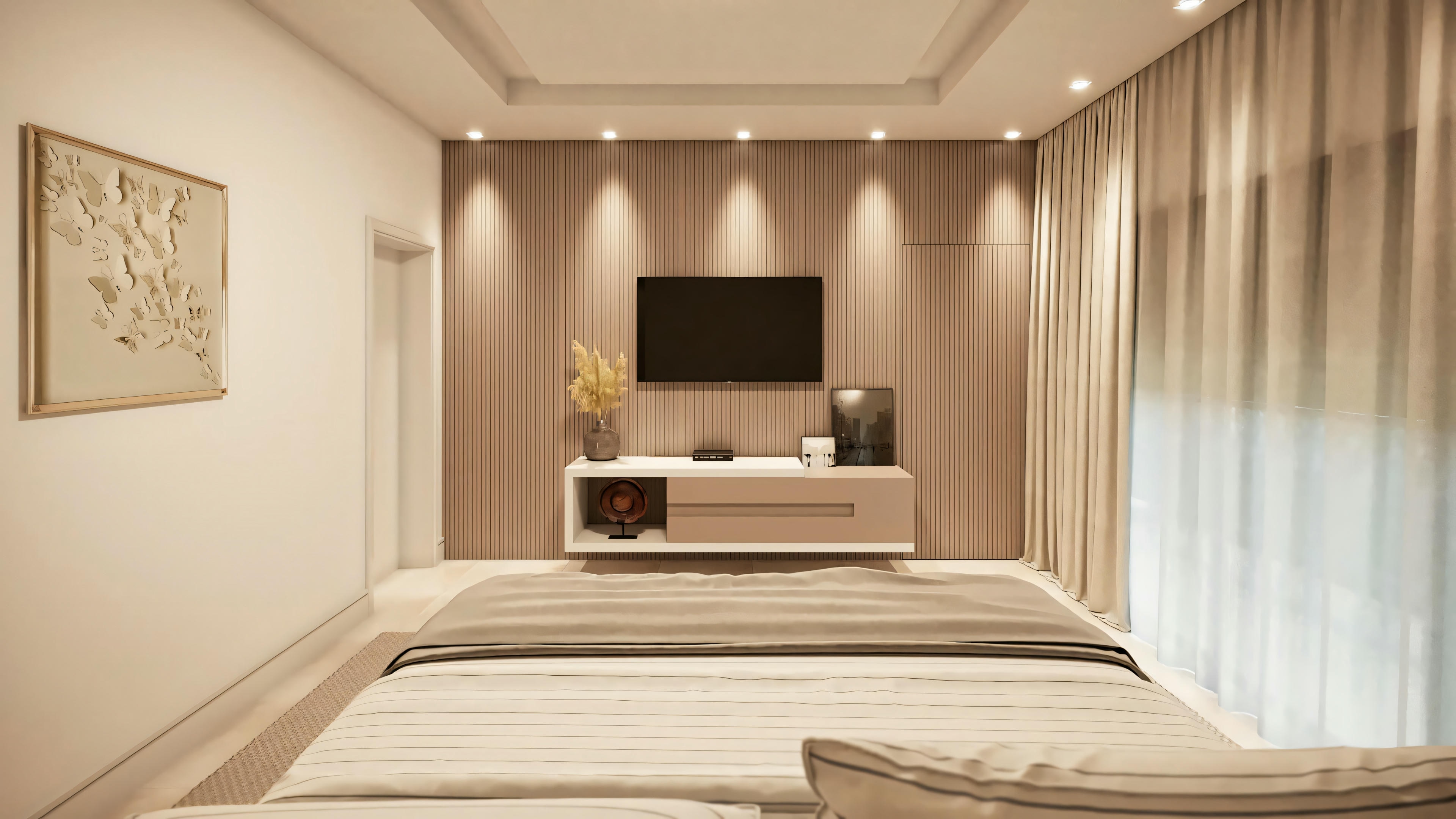 Modern bedroom with a bed, headboard, and side tables.