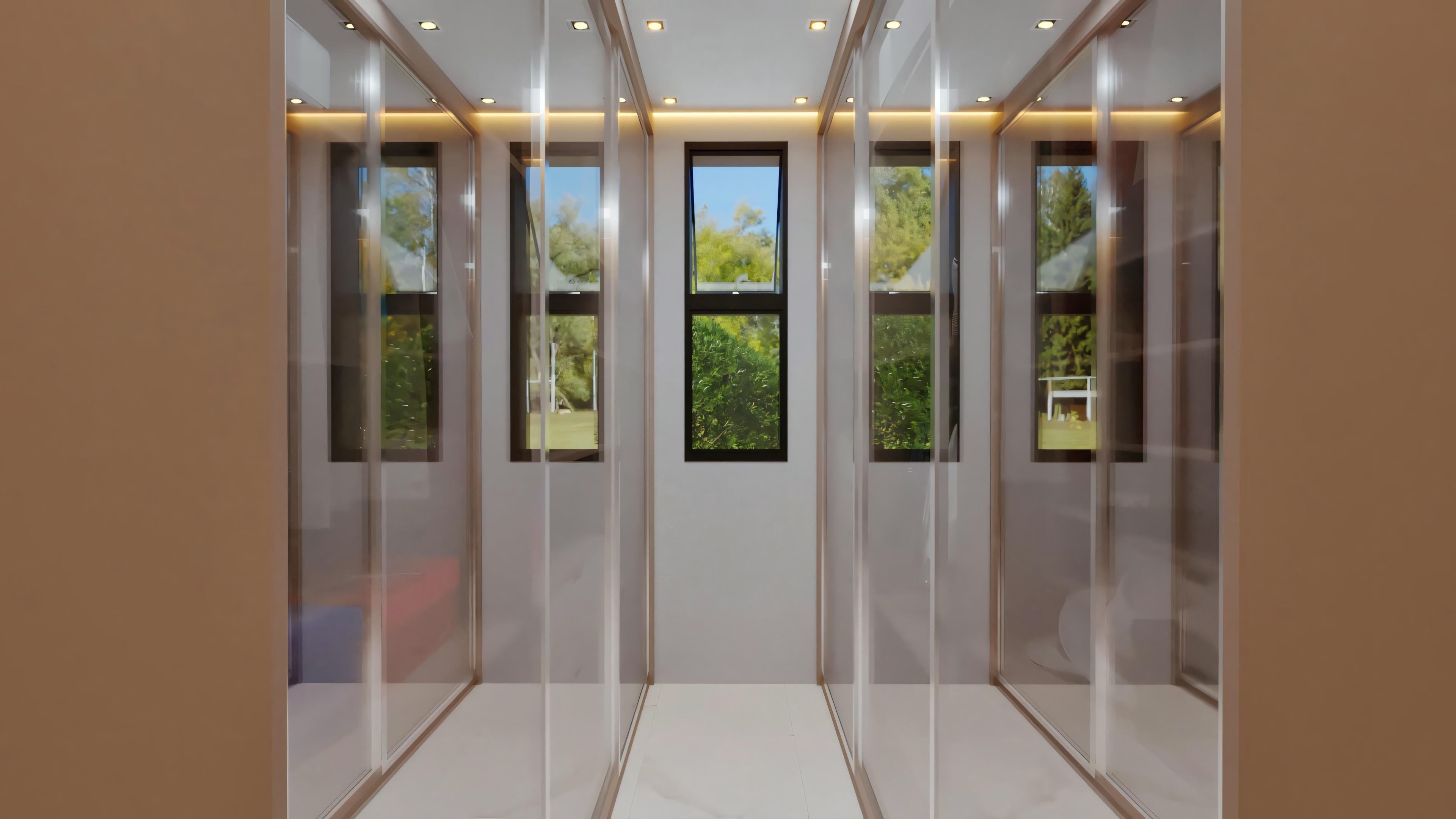 A modern closet with a symmetrical design, multiple compartments with glass doors, and internal lighting.