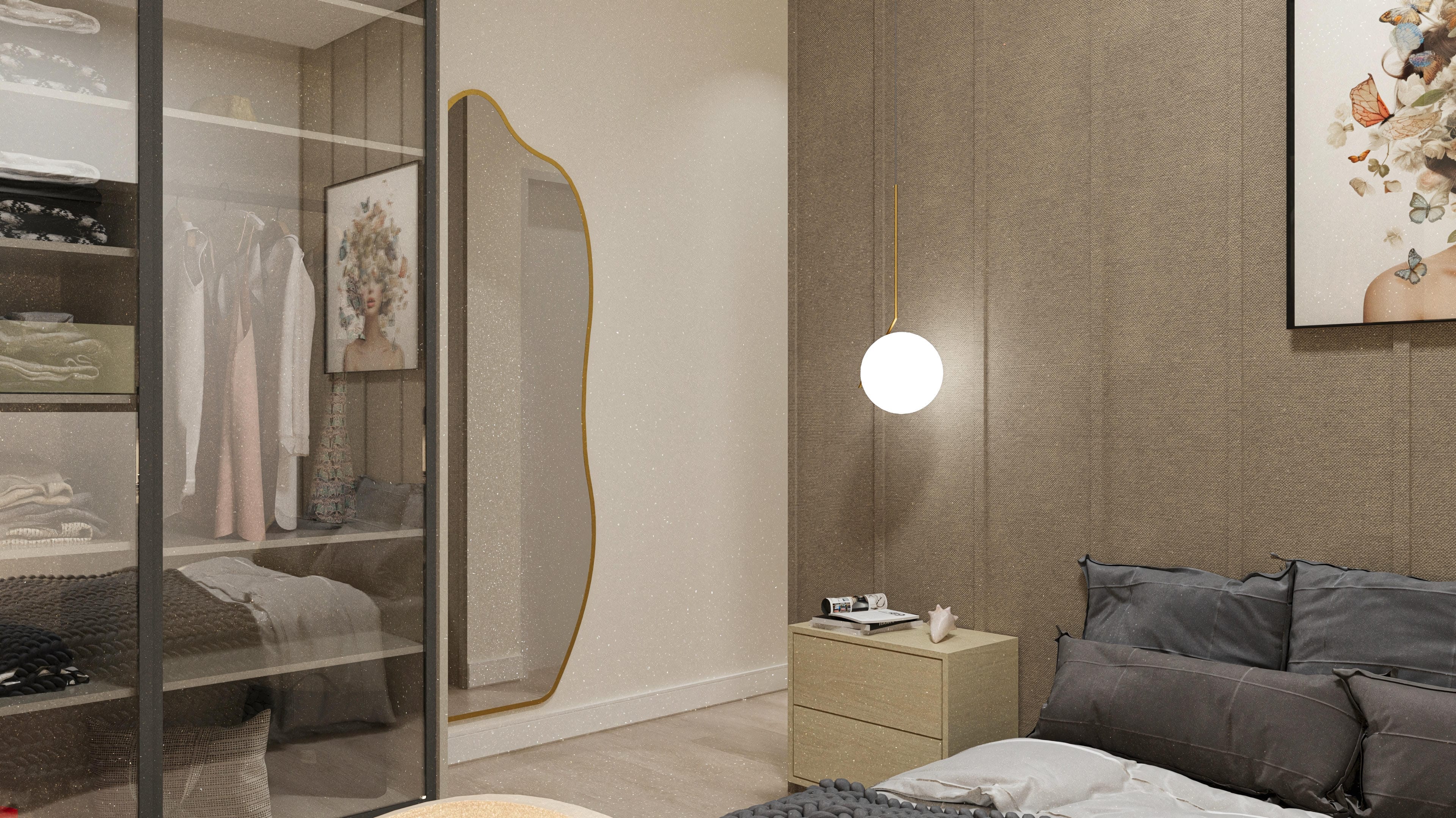 Interior of a modern and elegant bedroom with a glass closet, curved golden mirror, textured wallpaper, and soft lighting.