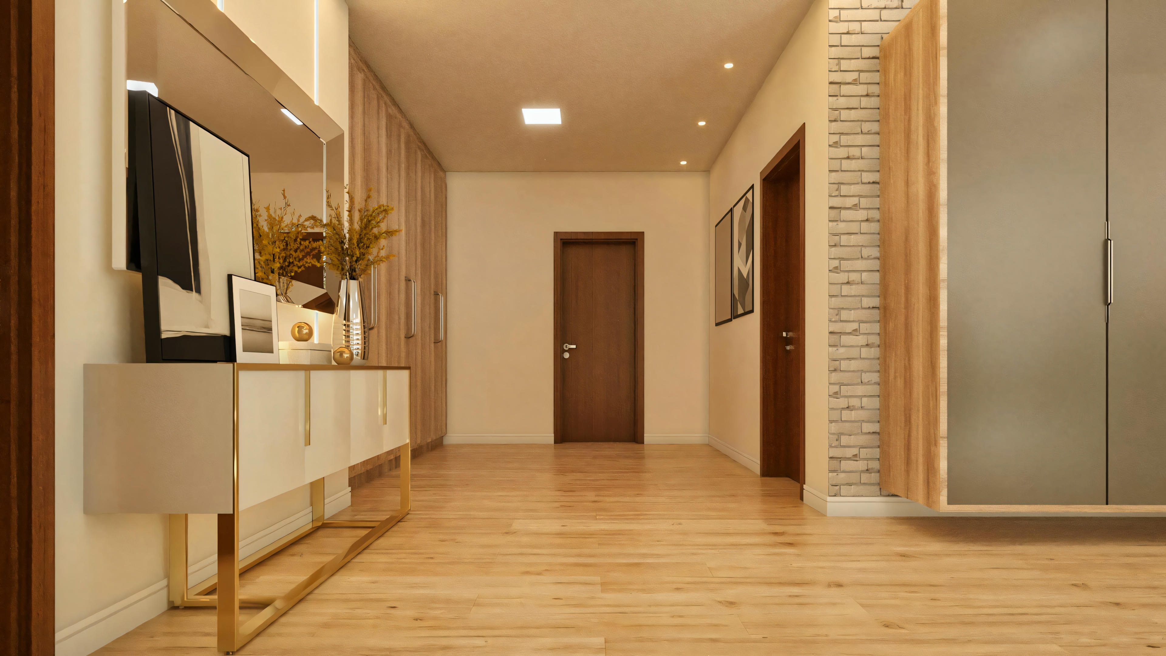 Spacious corridor in a modern house project, with wooden flooring, a decorative sideboard to the left, planned wooden cabinets, and access doors to rooms.