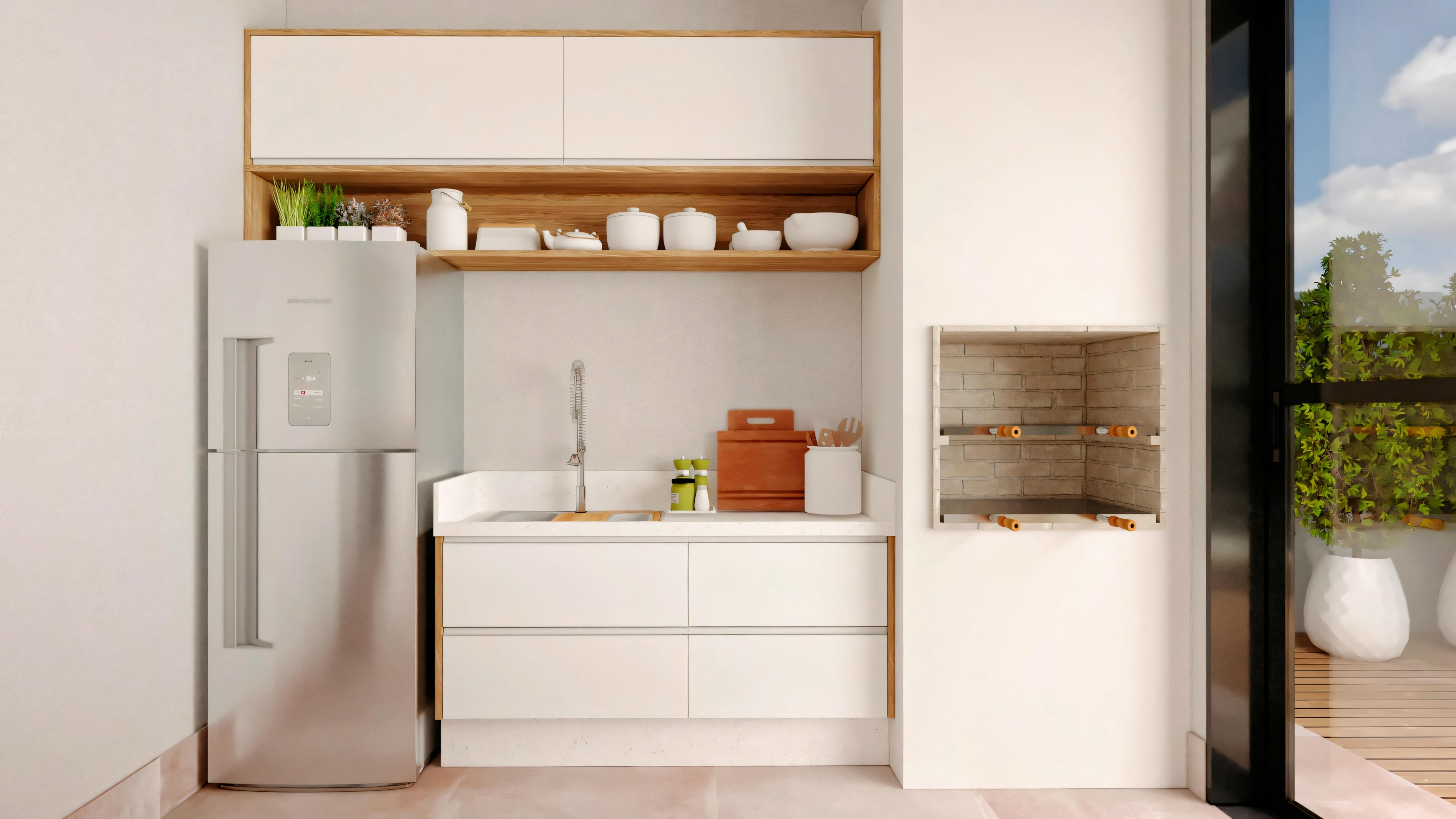 Kitchen with a refrigerator, shelves with items, and a stove or dishwasher.