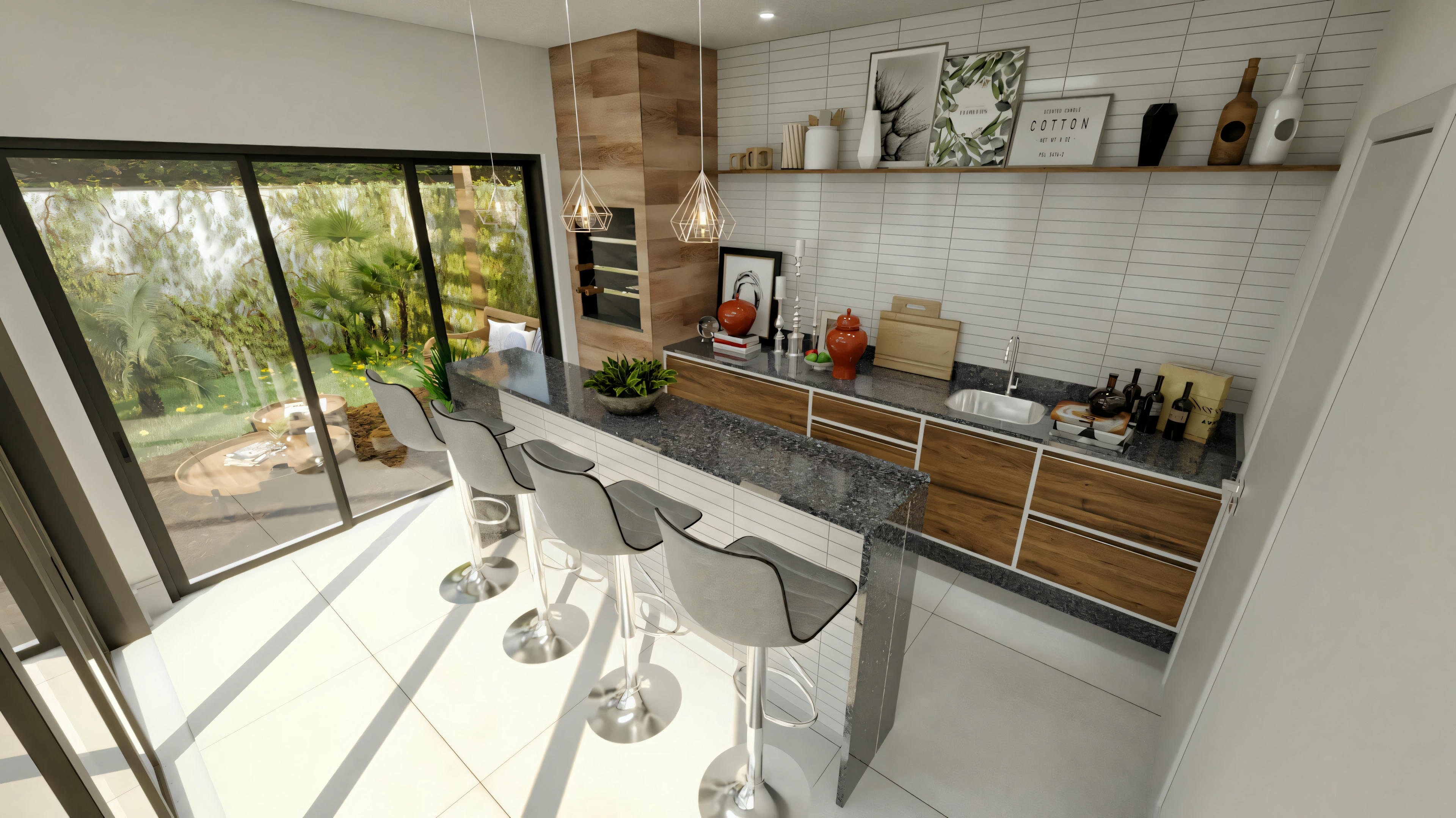 A modern kitchen with a breakfast bar, three tall chairs, and shelves with various items.