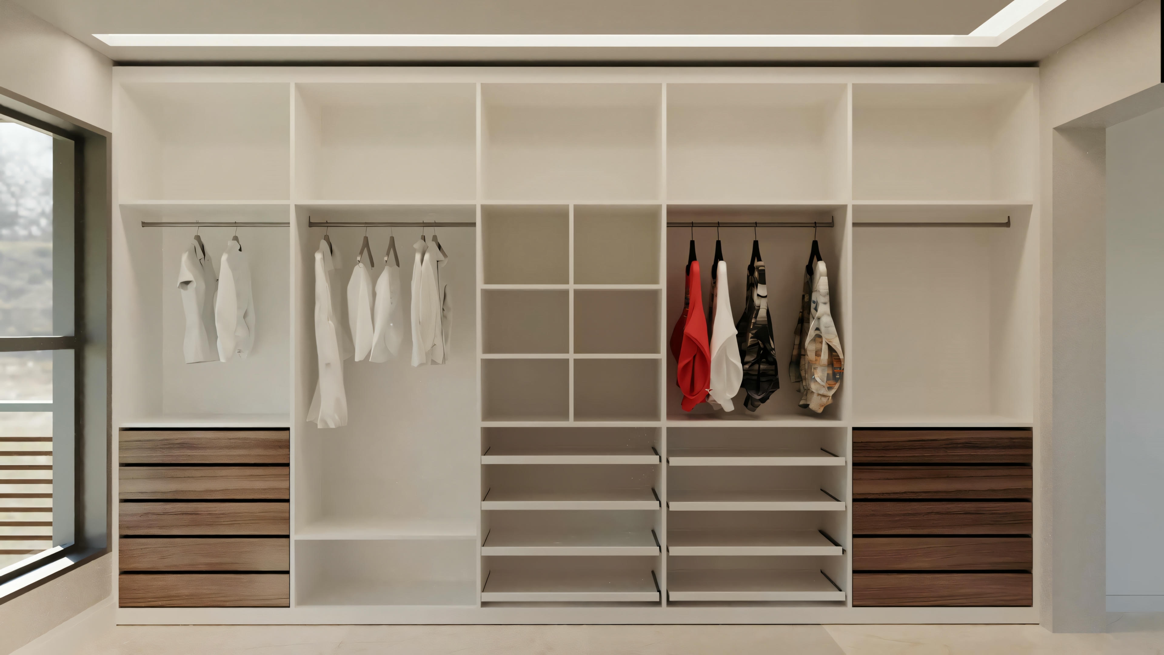 A modern and well-organized closet with a neutral color palette. On the left, there are clothes hanging, predominantly white with a red standout piece.