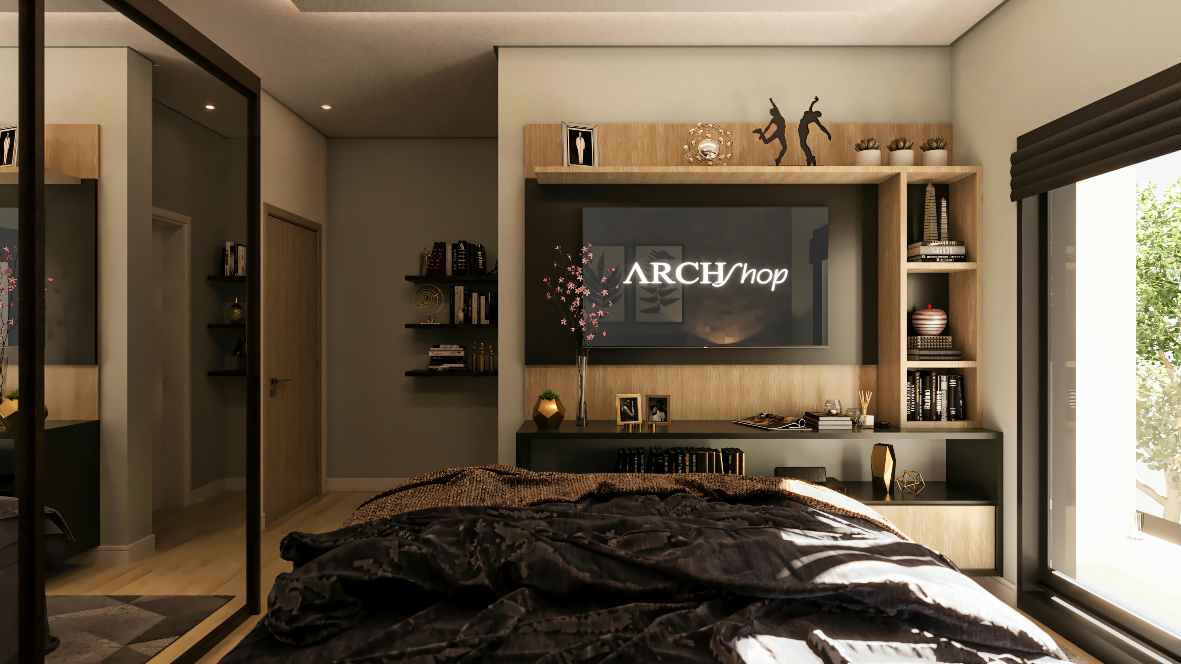 Modern master bedroom in a high-standard 5-suite house, equipped with TV panel with shelf, mirrored wardrobe doors, and access to balcony/outdoor area.