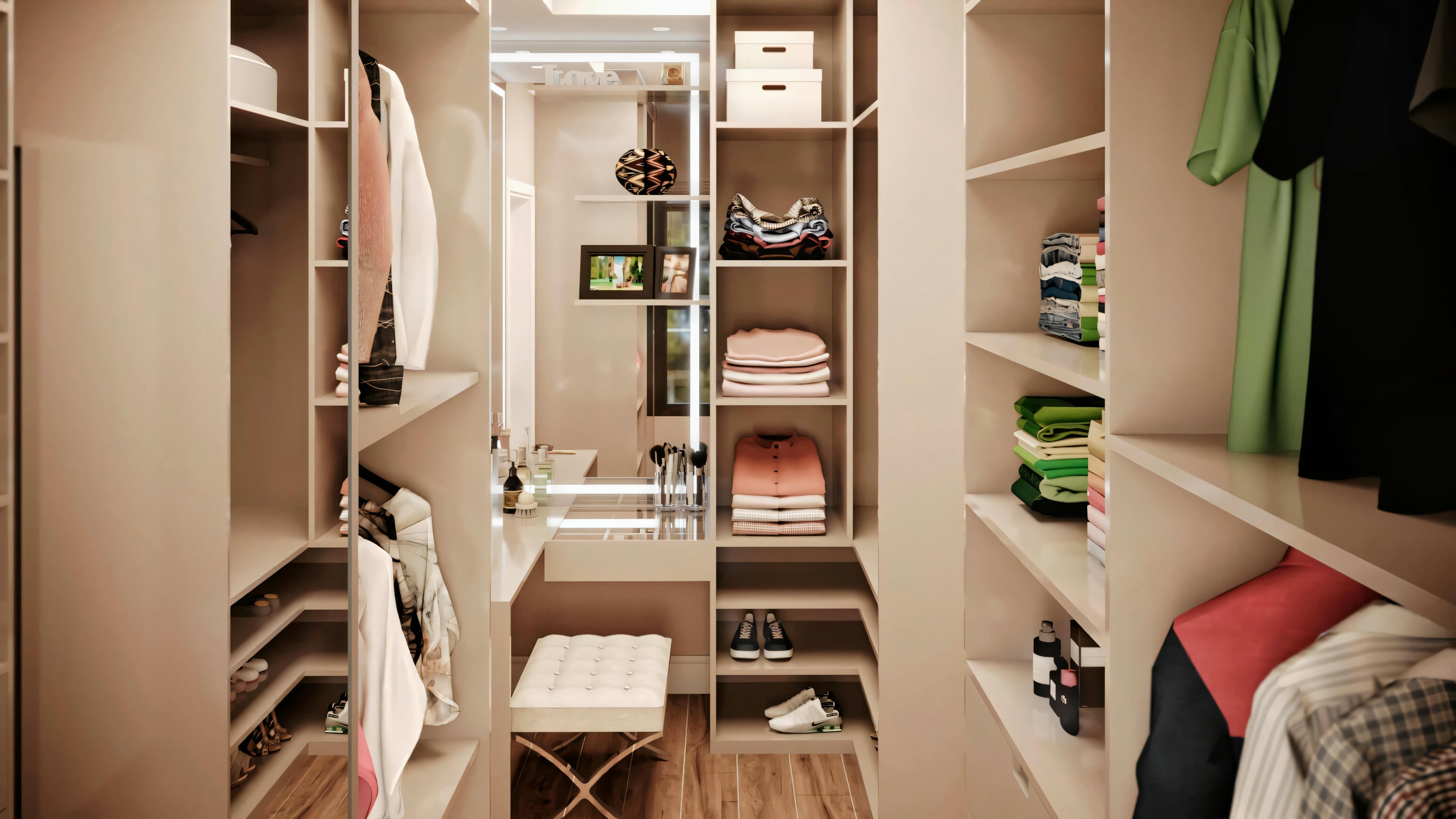 An open wardrobe filled with clothes and accessories.
