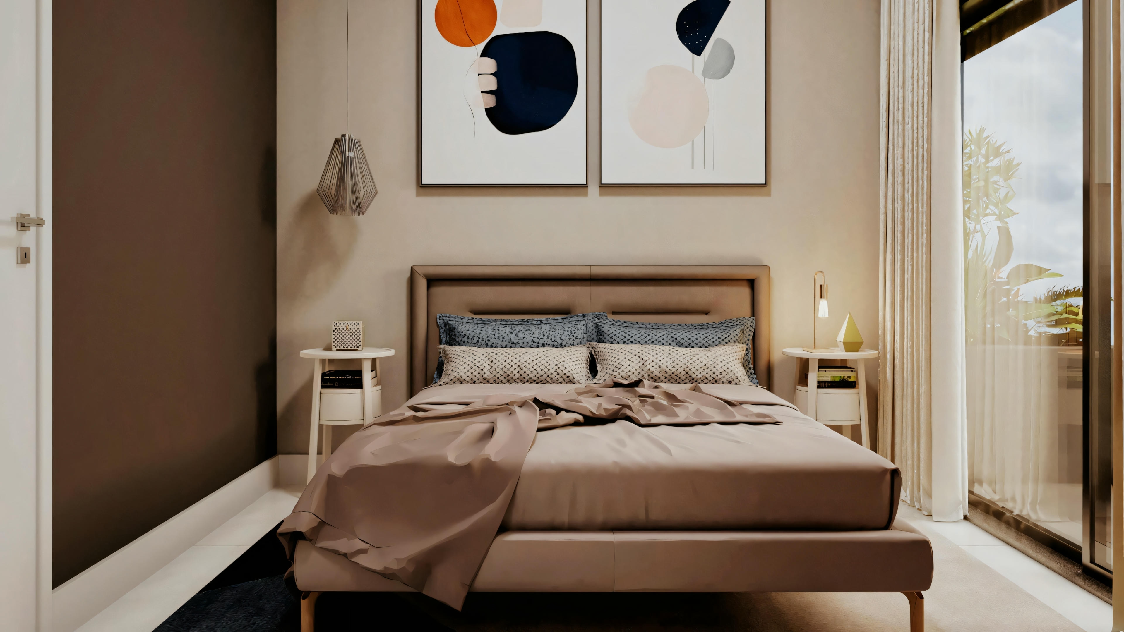 Amplio pasillo en proyecto de casa moderna, con suelo de madera, aparador decorativo a la izquierda, armarios planificados de madera y puertas de acceso a los ambientes.