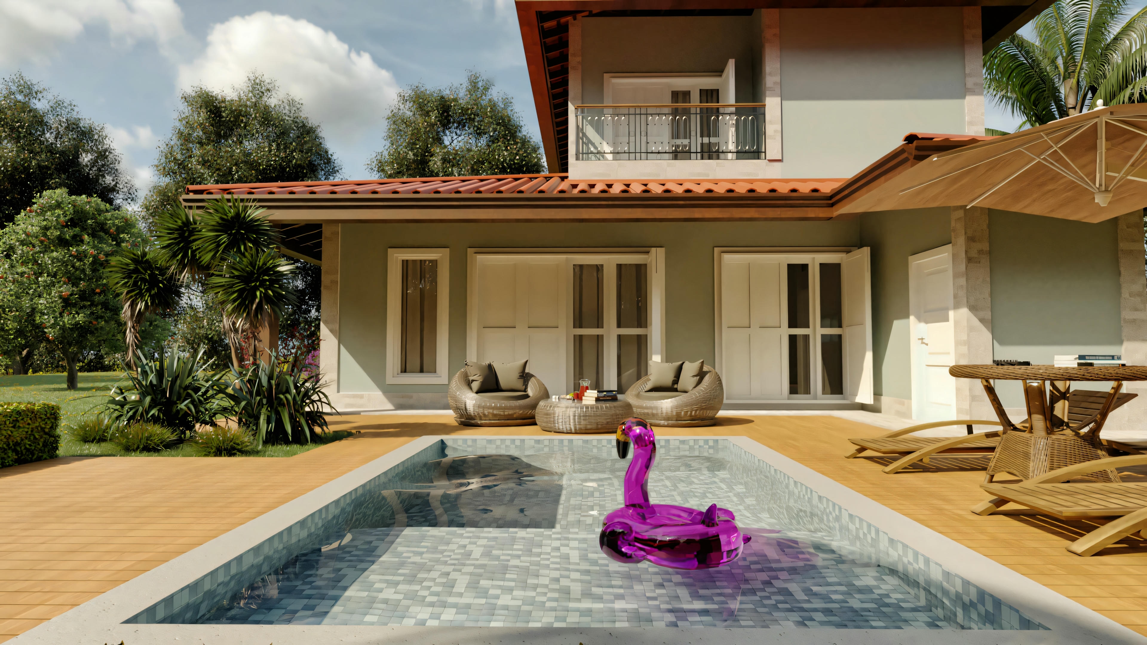 Piscina ao ar livre com um inflável rosa e parte da fachada da casa.