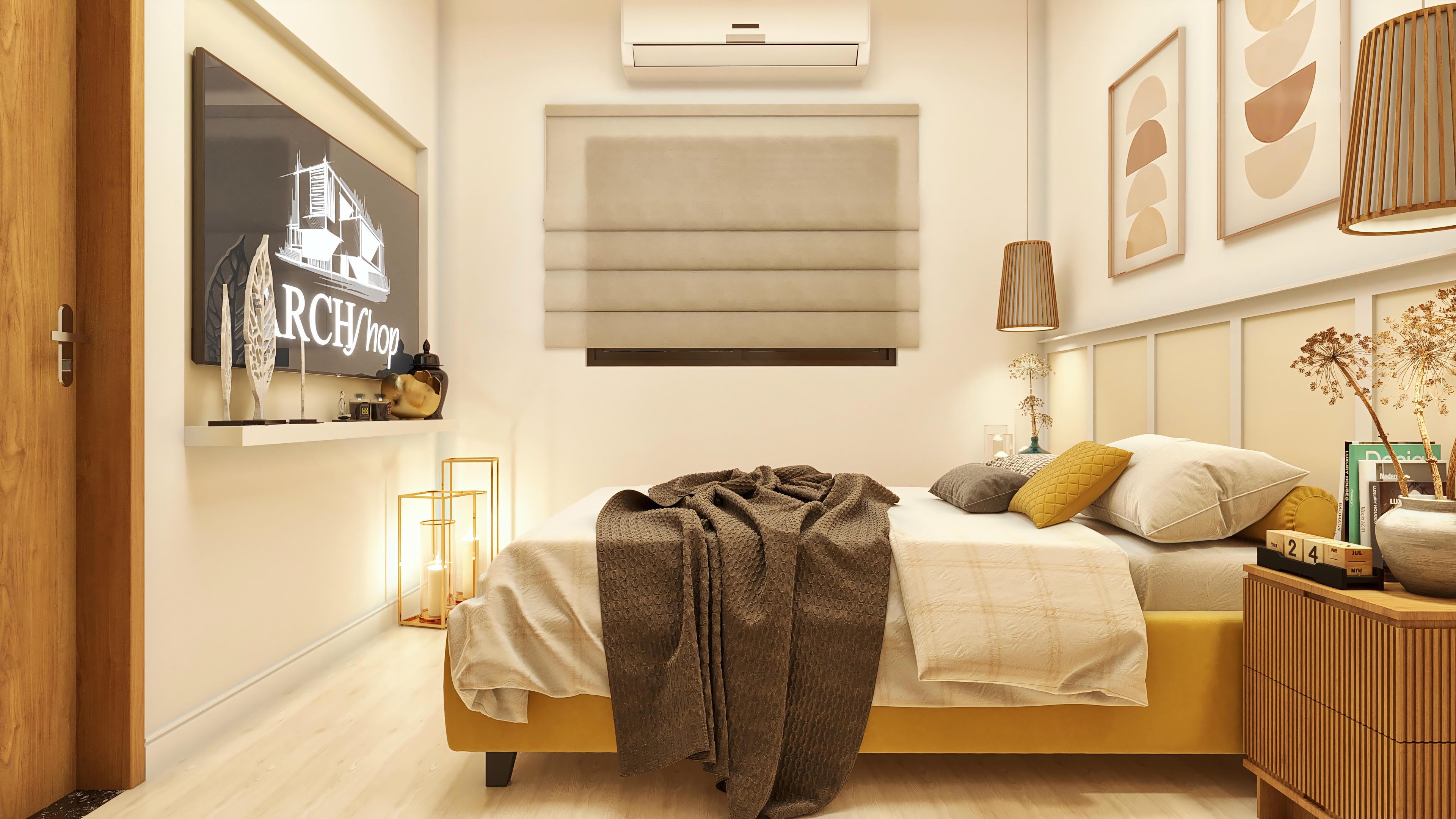 Interior de um quarto com cama de casal, cabeceira em painel ripado, objetos decorativos, ar condicionado e rodapé moldurado.