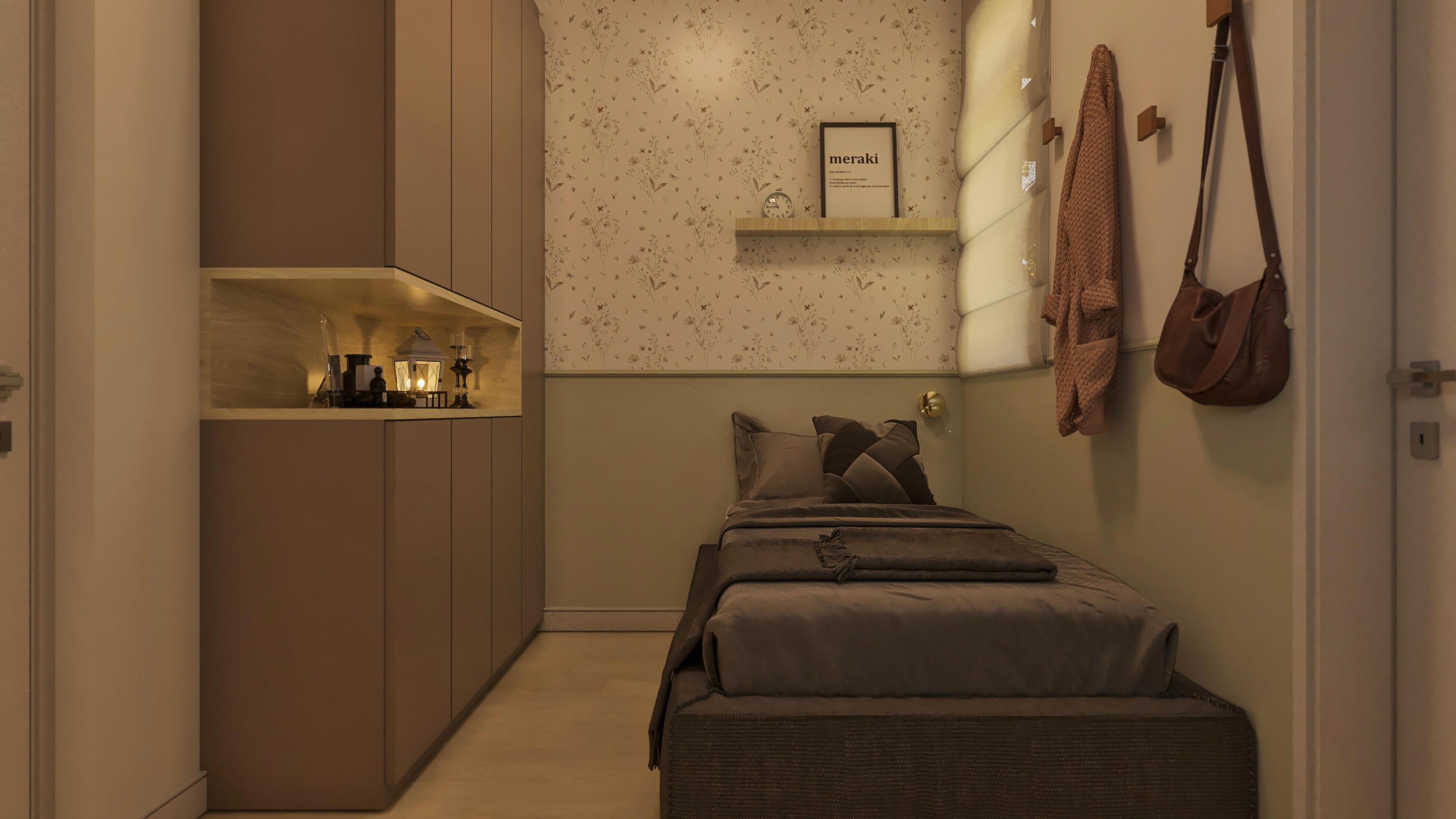 Habitación acogedora con cama individual, armarios empotrados y papel tapiz floral delicado, transmitiendo serenidad y estilo.