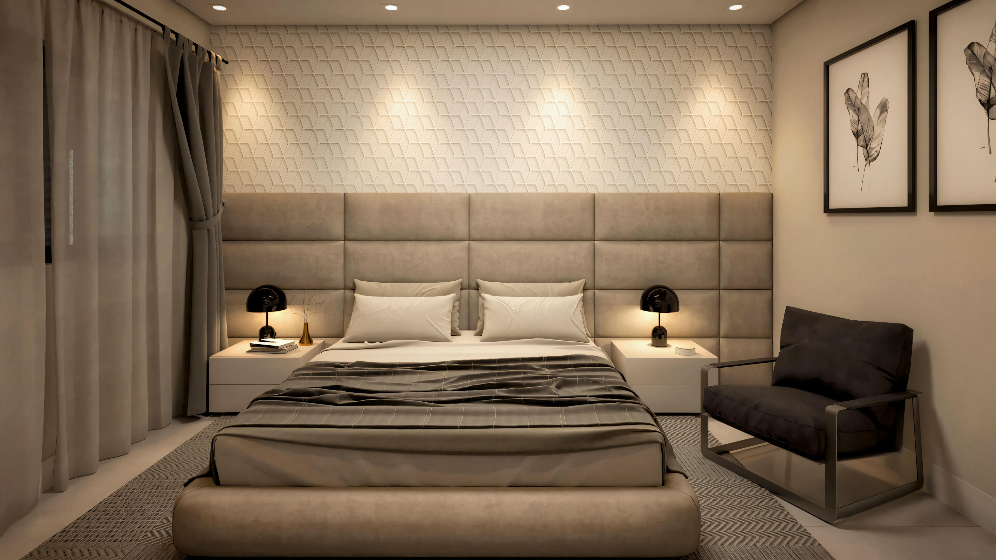 Um quarto moderno com uma cama grande, mesas de cabeceira com lâmpadas e arte na parede.