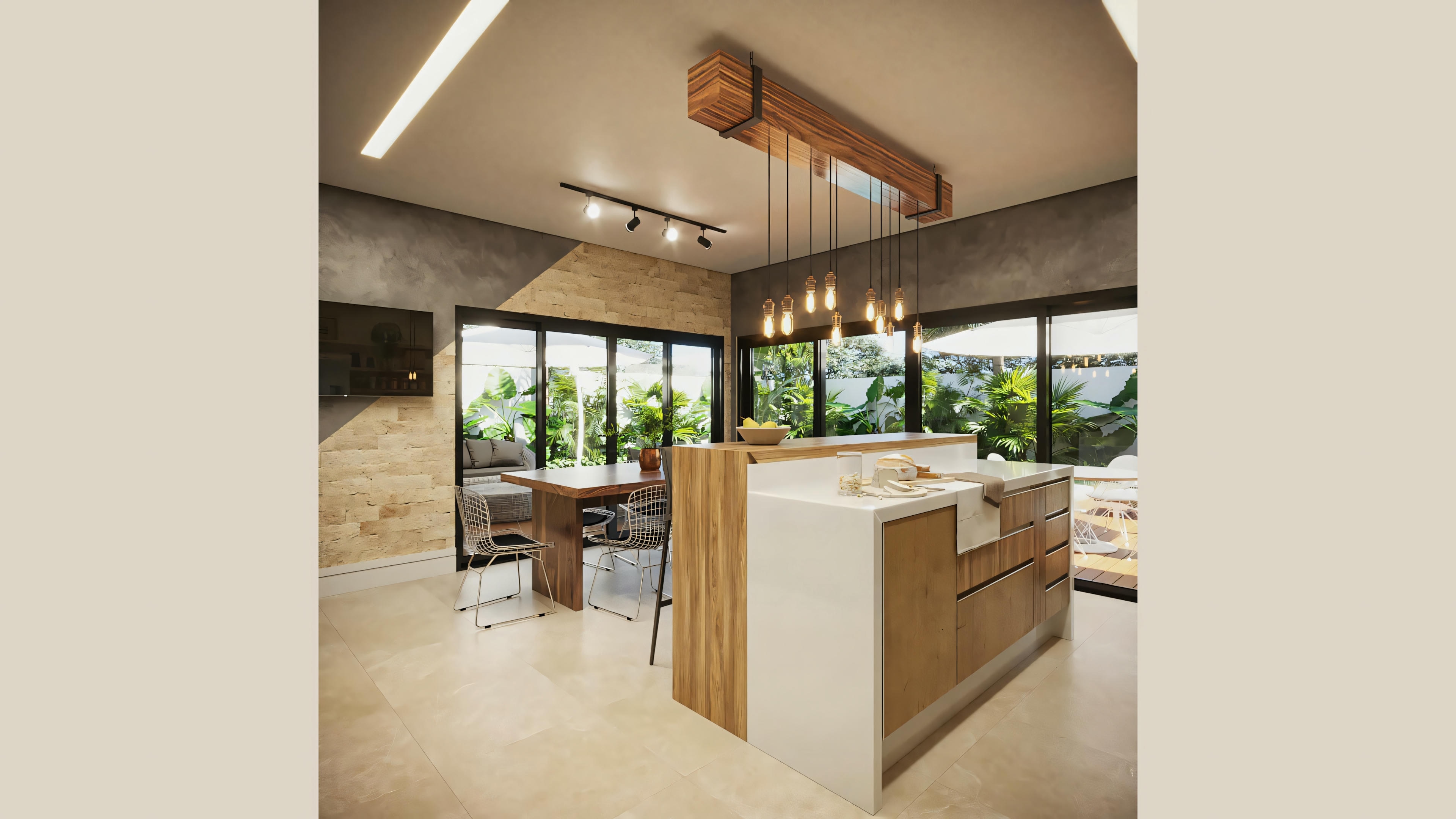 Kitchen with island and countertop integrated with the dining room, part of the ready-made single-story house project with 2 suites and gourmet area. The room has pendant lighting over the island, dining table, stone wall cladding, and large glass doors to the outdoor area.