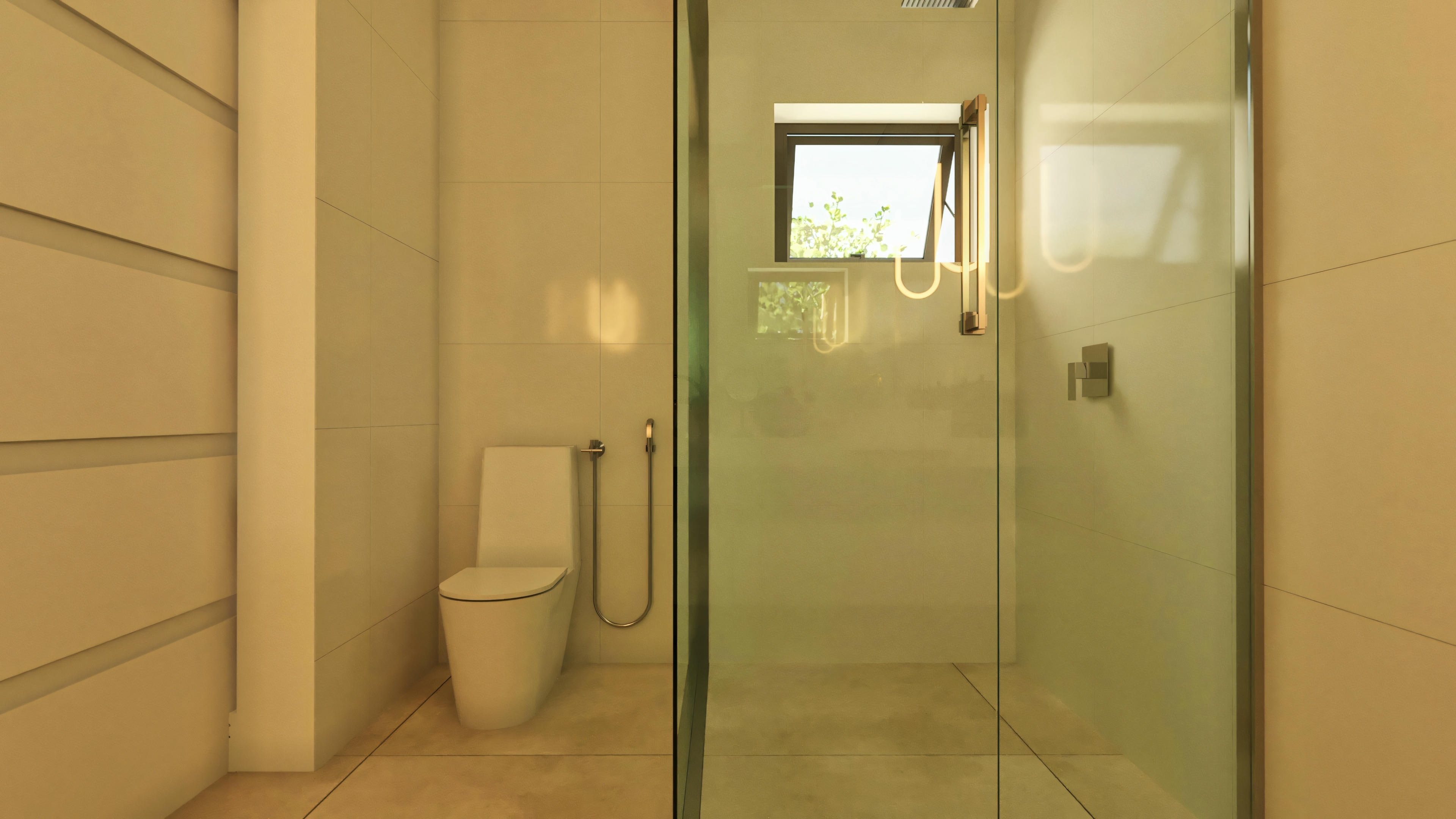 View of the shower area with glass door and high window, and toilet, in the suite bathroom of the 210sqm modern two-story house.