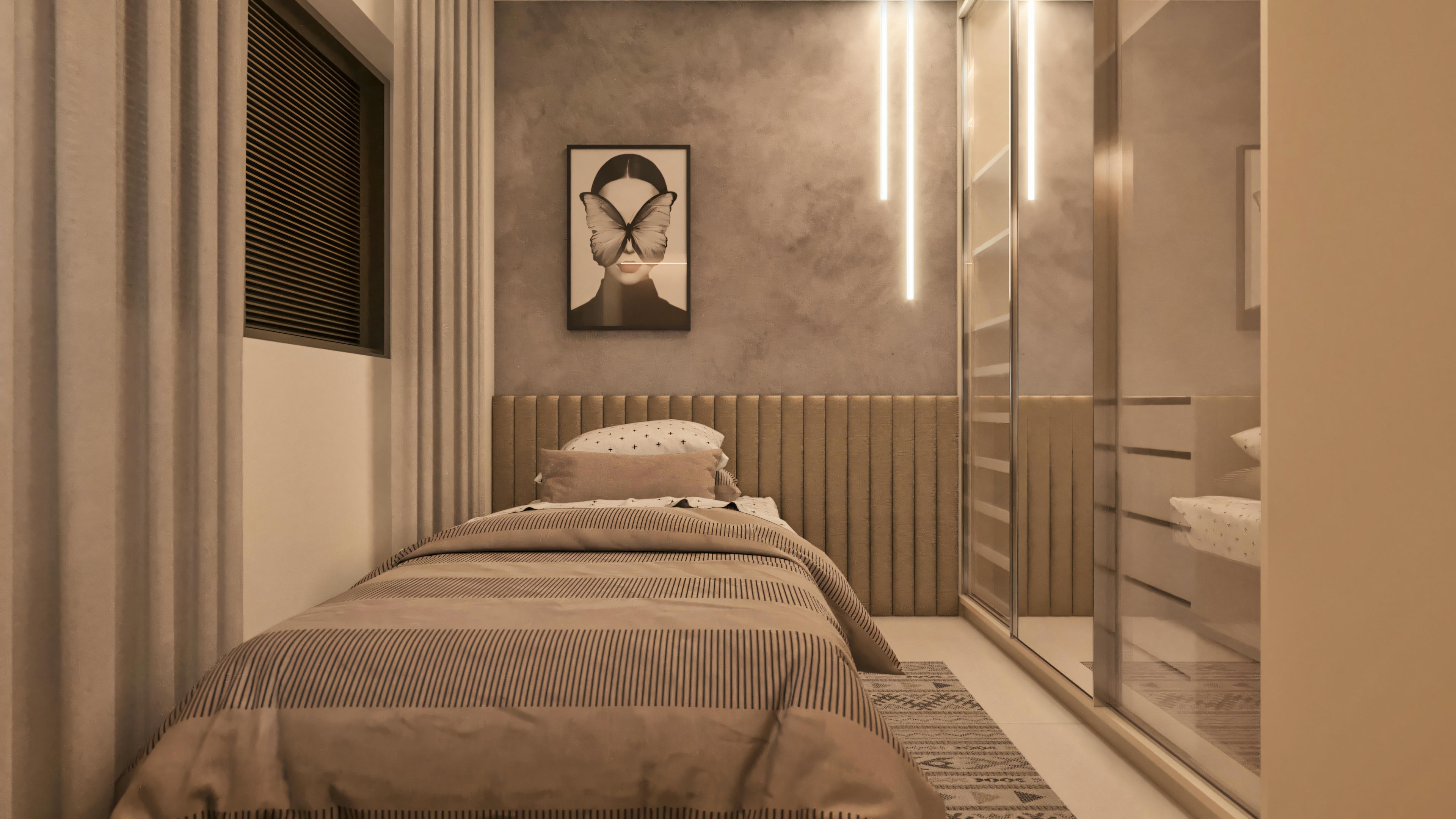 Suite project with burnt cement wall with LED.