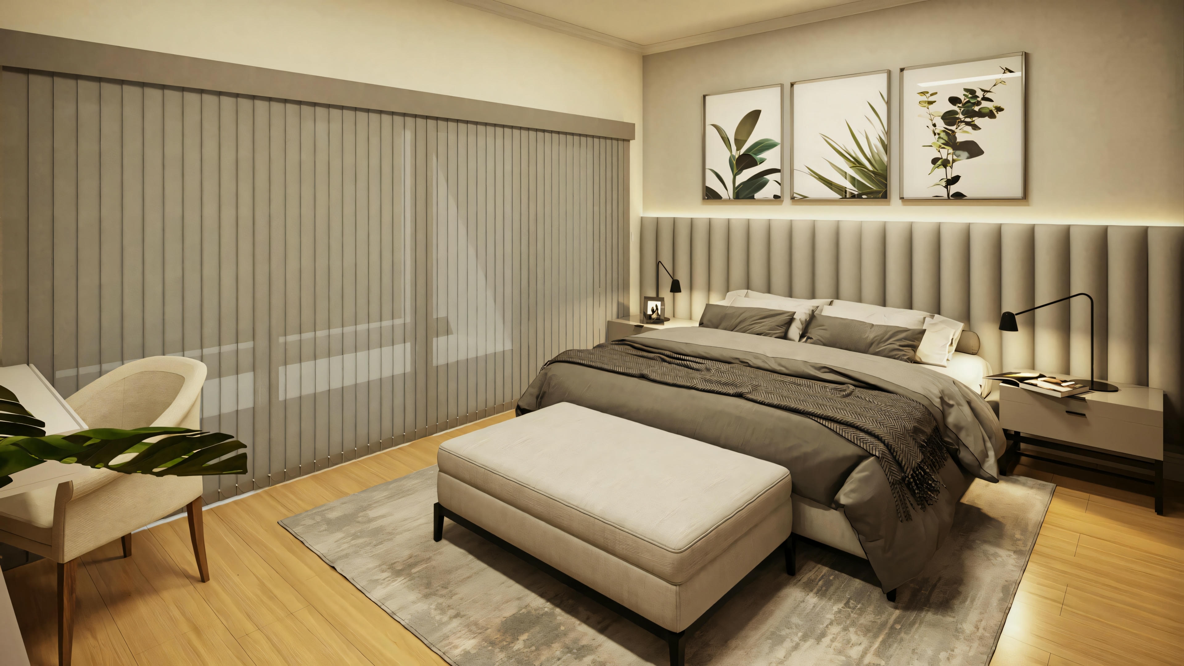 Tercera suite principal decorada en el plano listo de casa con 3 suites y área gourmet. Cabecera tapizada alta y decoración moderna. Proyecto casa lista 368m².