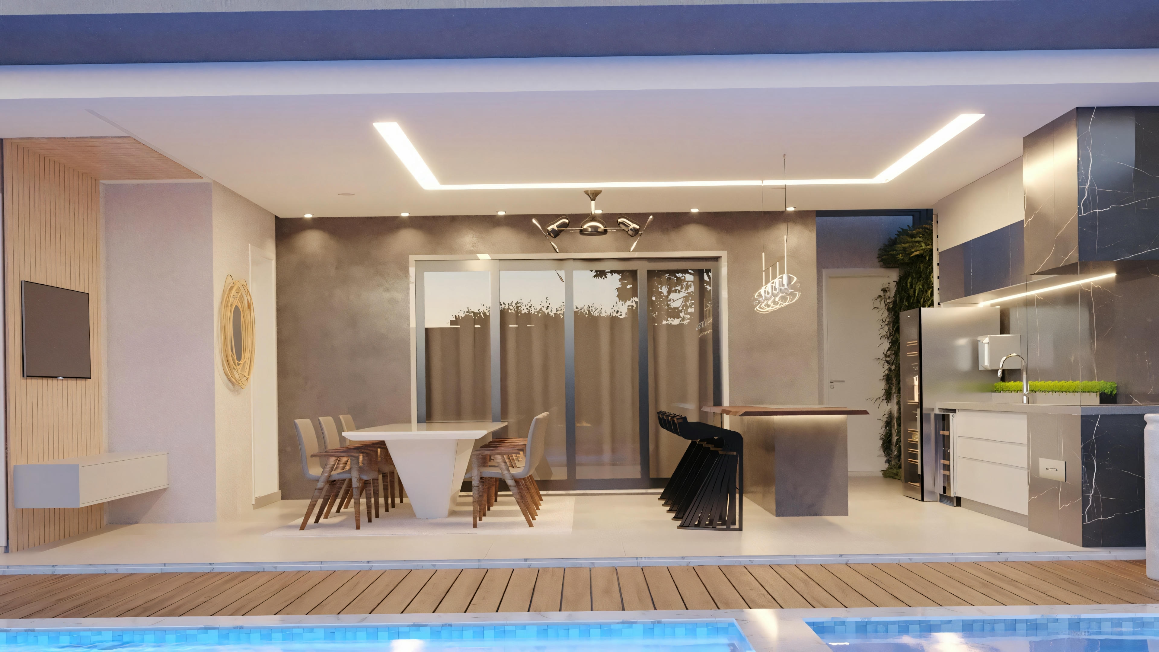 Uma área externa residencial ao entardecer com piscina, móveis de pátio e um espaço interno iluminado ao fundo.