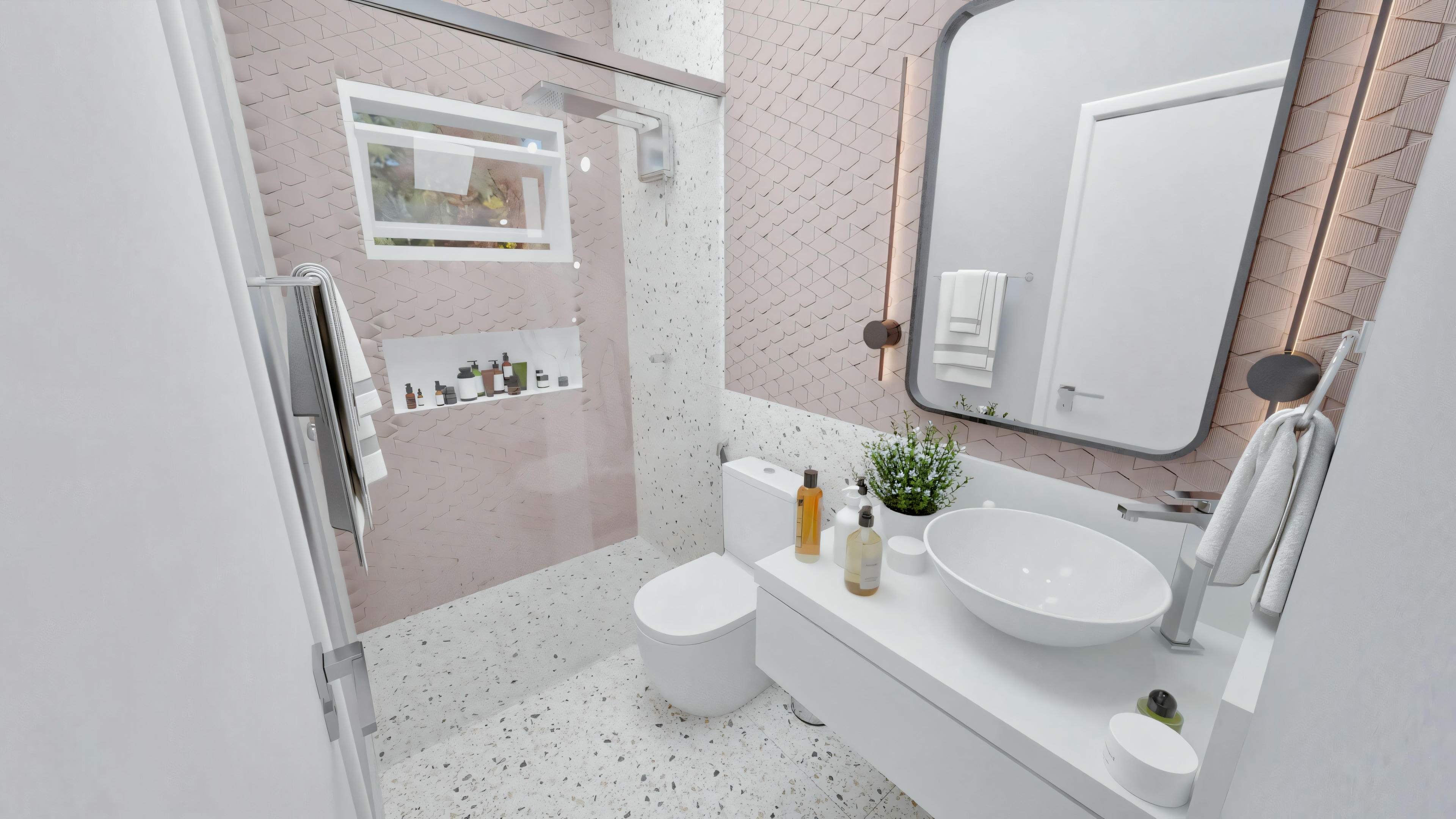 Um banheiro com azulejos rosa nas paredes, pia com espelho acima, vaso sanitário à direita e área de banho ou banheira com cortinas à esquerda.