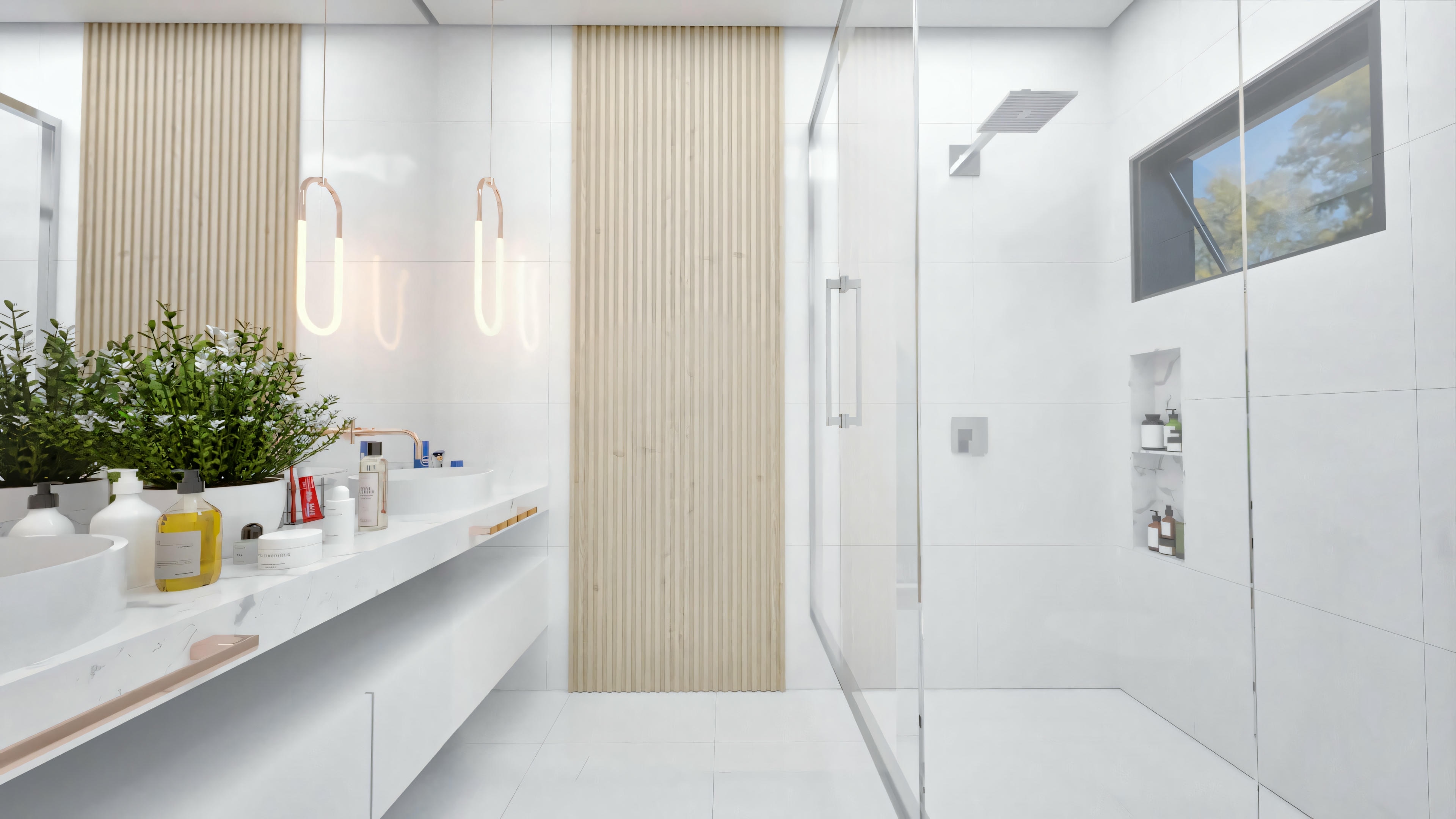 Banheiro moderno com paredes brancas, chuveiro walk-in, área de pia com espelho e plantas decorativas.
