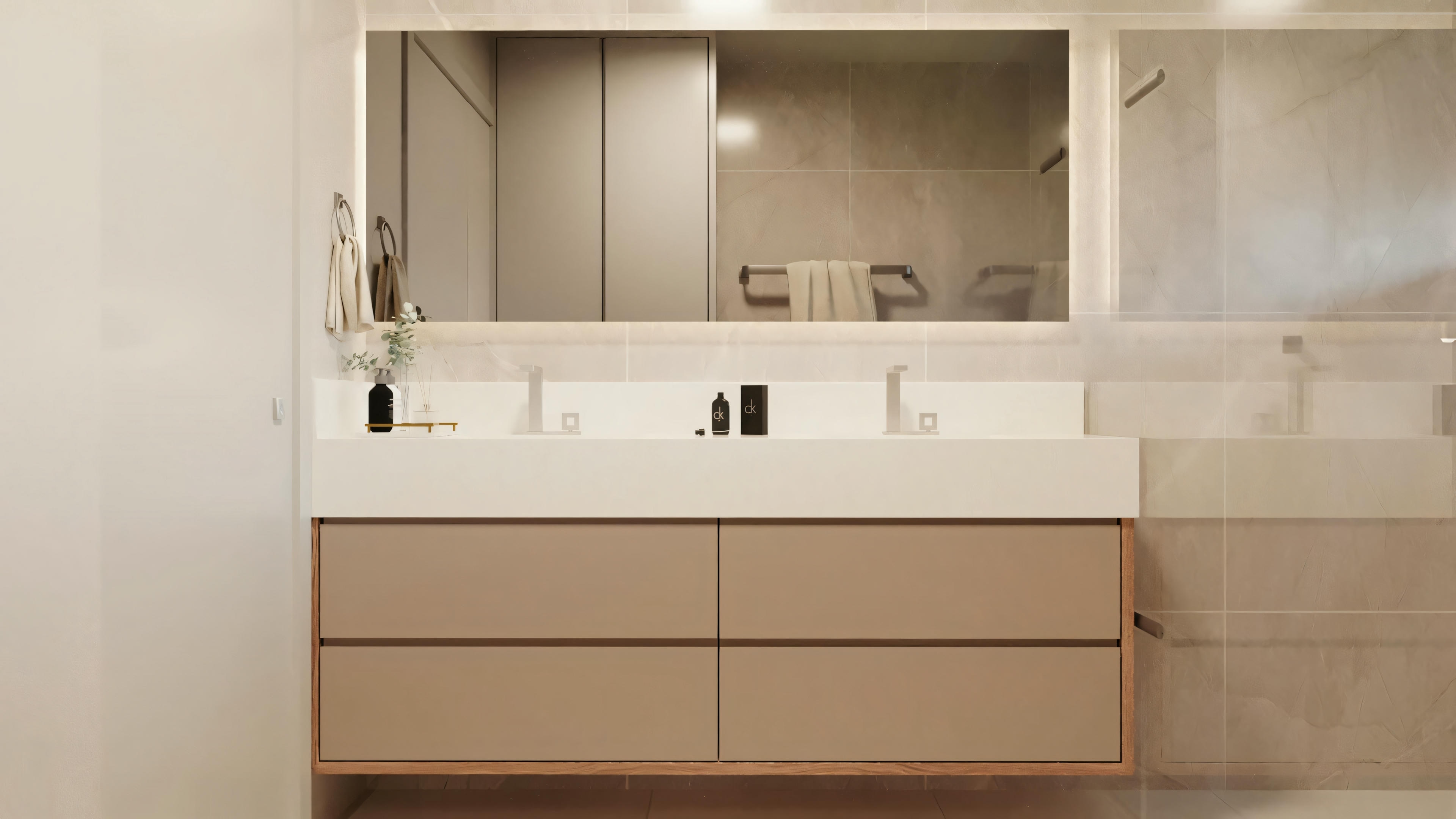 Un baño moderno con acabado en madera clara y encimera blanca con dos lavamanos. Sobre la encimera, hay un gran espejo e iluminación empotrada en el techo.
