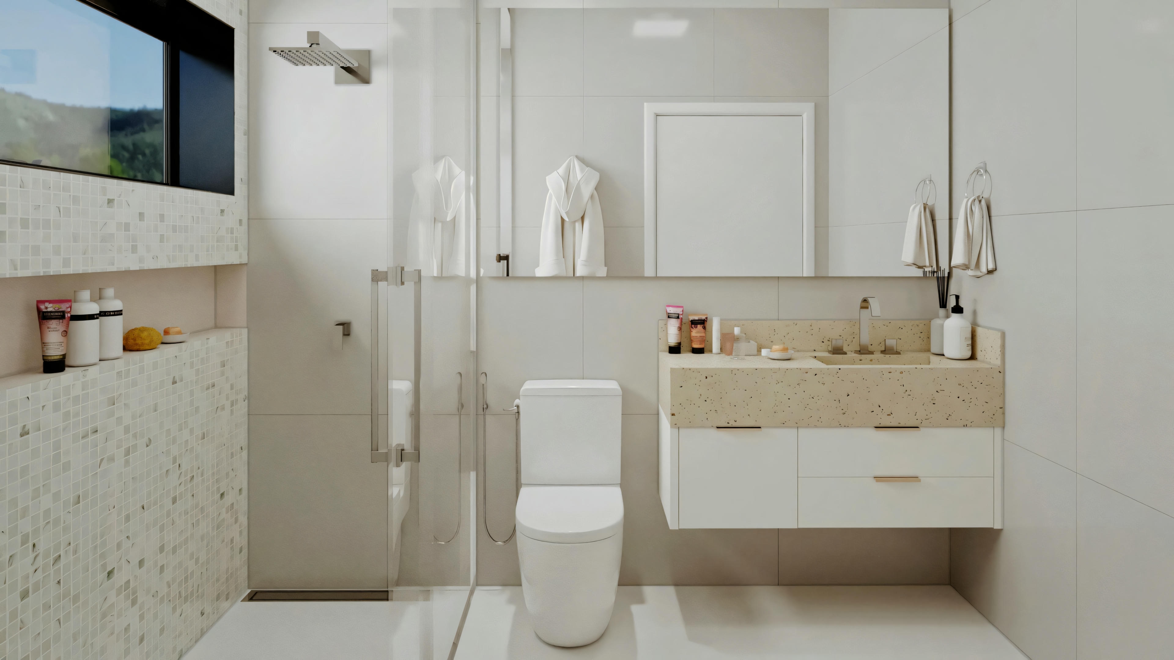Un baño moderno con váter, lavabo y zona de ducha.
