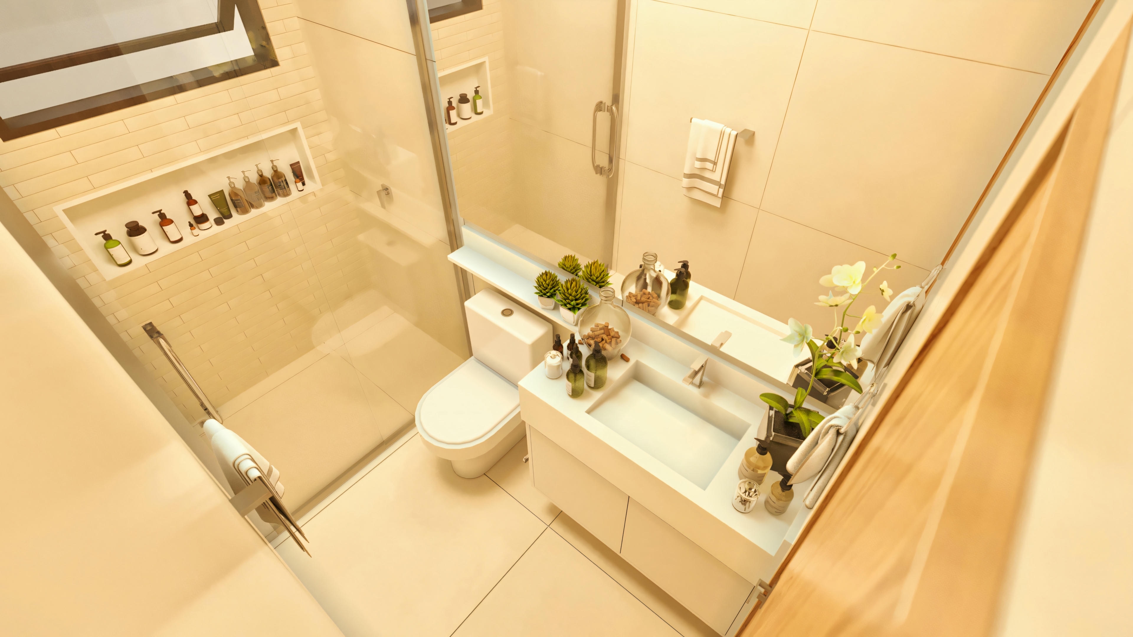 Vista superior de uno de los baños de una casa moderna con 3 habitaciones y 2 suites, exhibiendo ducha con nichos, sanitario, encimera clara com lavabo integrado y armario, y espejo con estantería. Revestimientos en tonos beige e iluminación natural por ventana alta.
