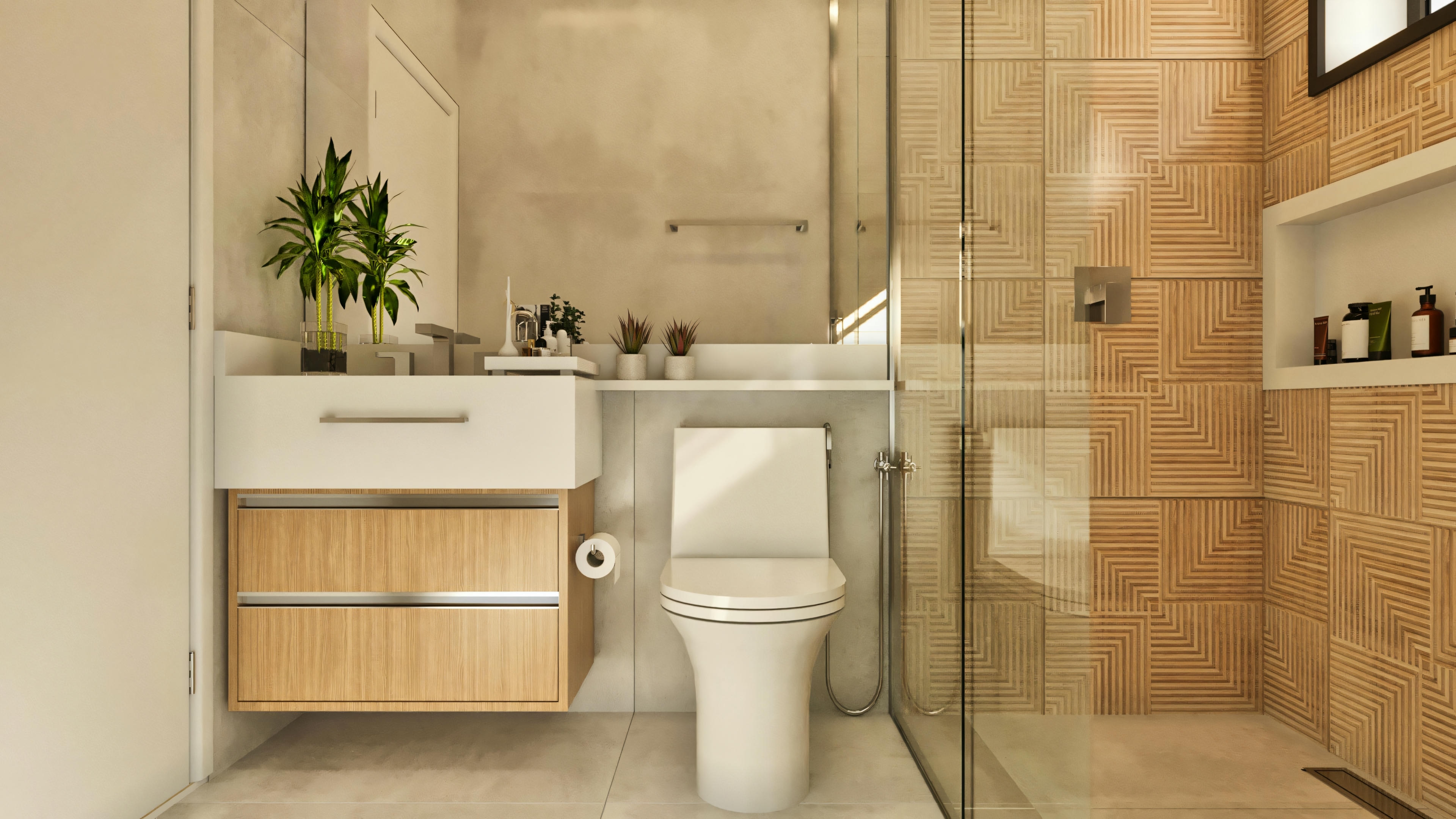 Baño de suite en casa de alto estándar con 5 dormitorios, con encimera flotante bicolor, espejo, ducha de vidrio y revestimiento decorativo amaderado en la ducha con nicho.