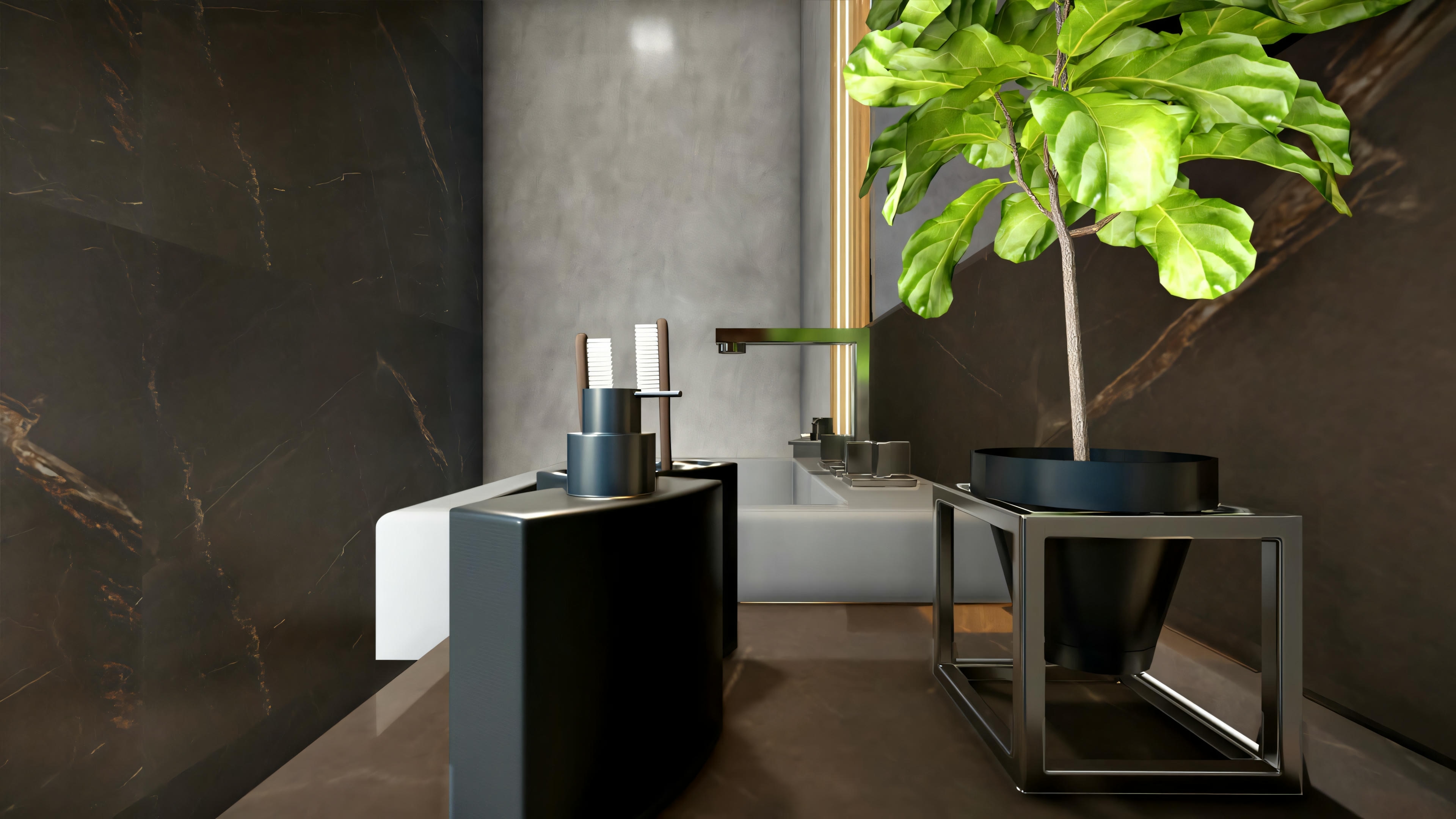 Bathroom with shower area, sink, and minimalist decor.