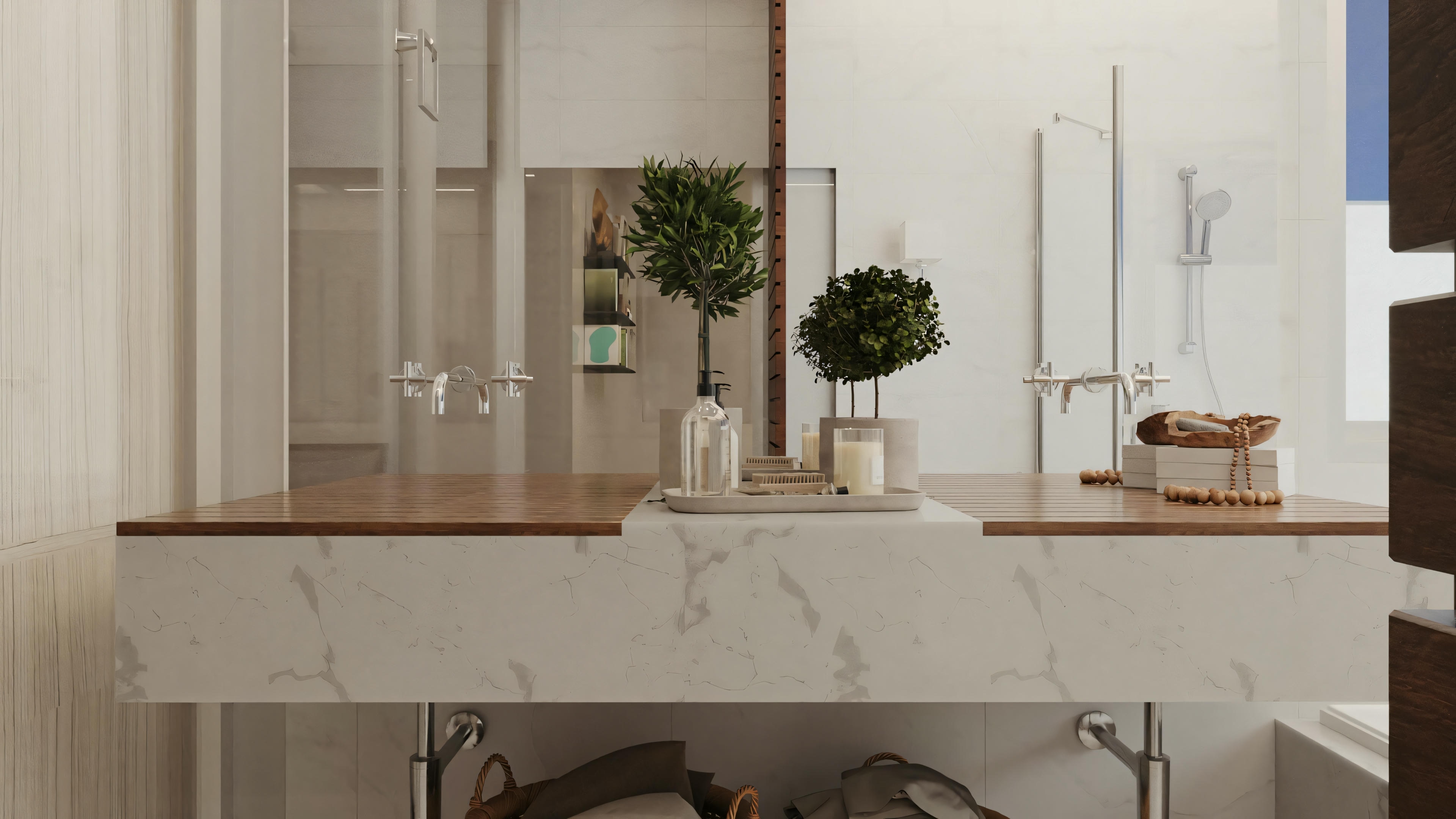 Modern bathroom with mirror, sink, faucet, and some toiletries on the counter.