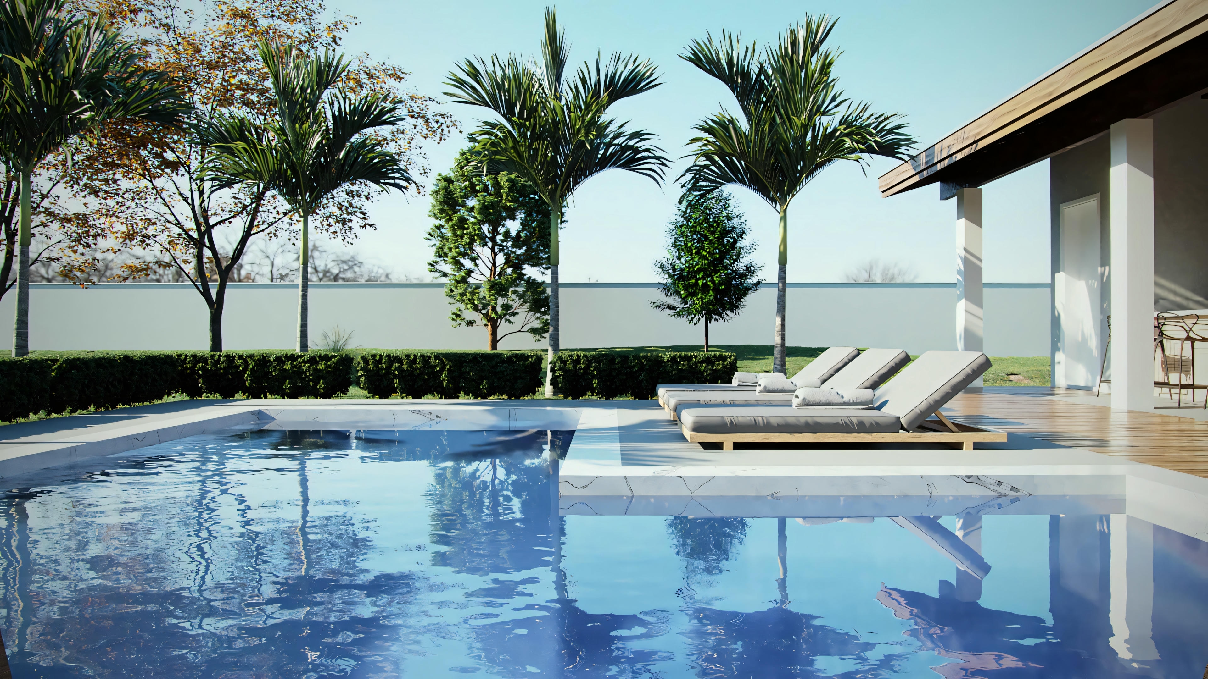 Vista de una casa moderna con arquitectura contemporánea y elementos de agua.