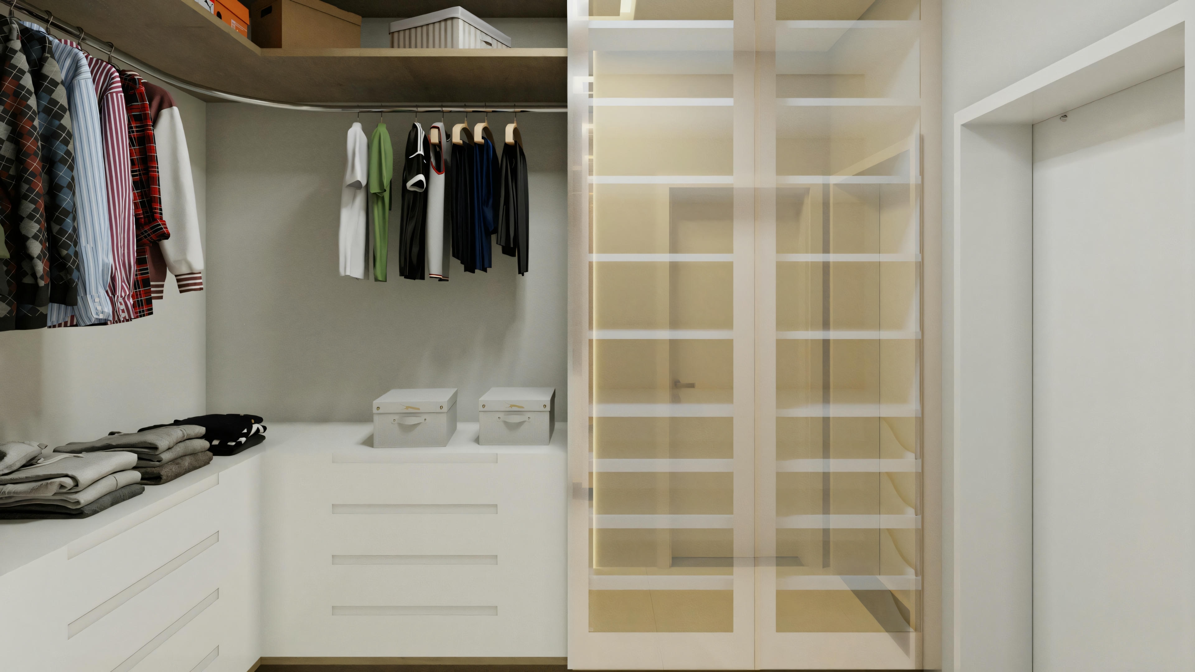 An open wardrobe with various clothes and an empty white shelf next to it.