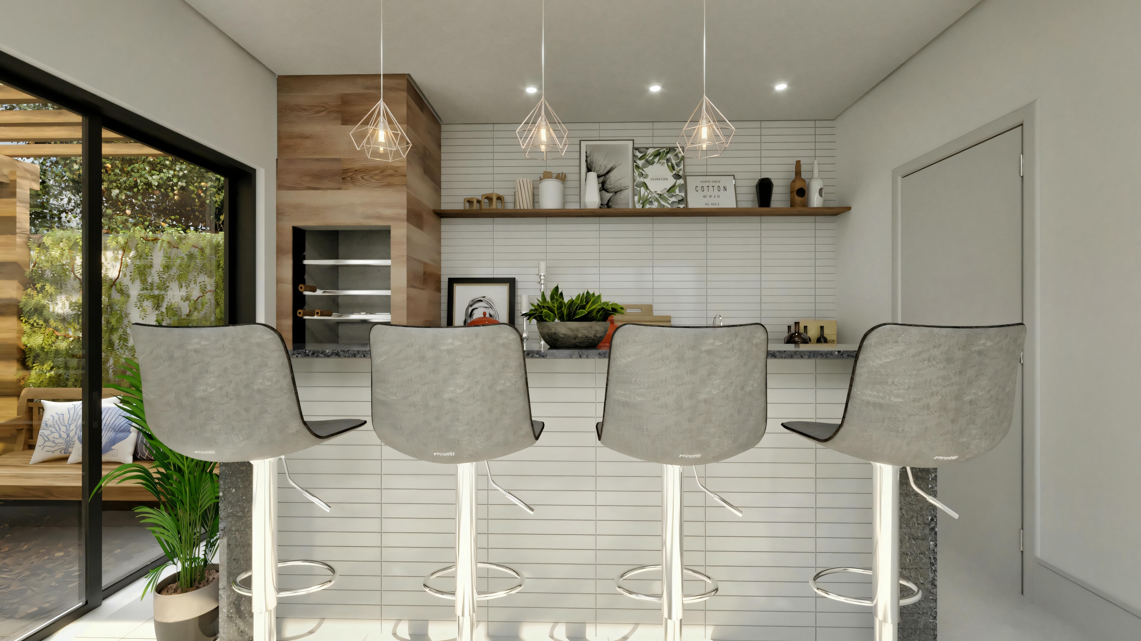 Una cocina moderna con barra de desayuno y tres sillas altas. El espacio está bien iluminado, con líneas limpias, colores neutros y elementos de diseño contemporáneo.
