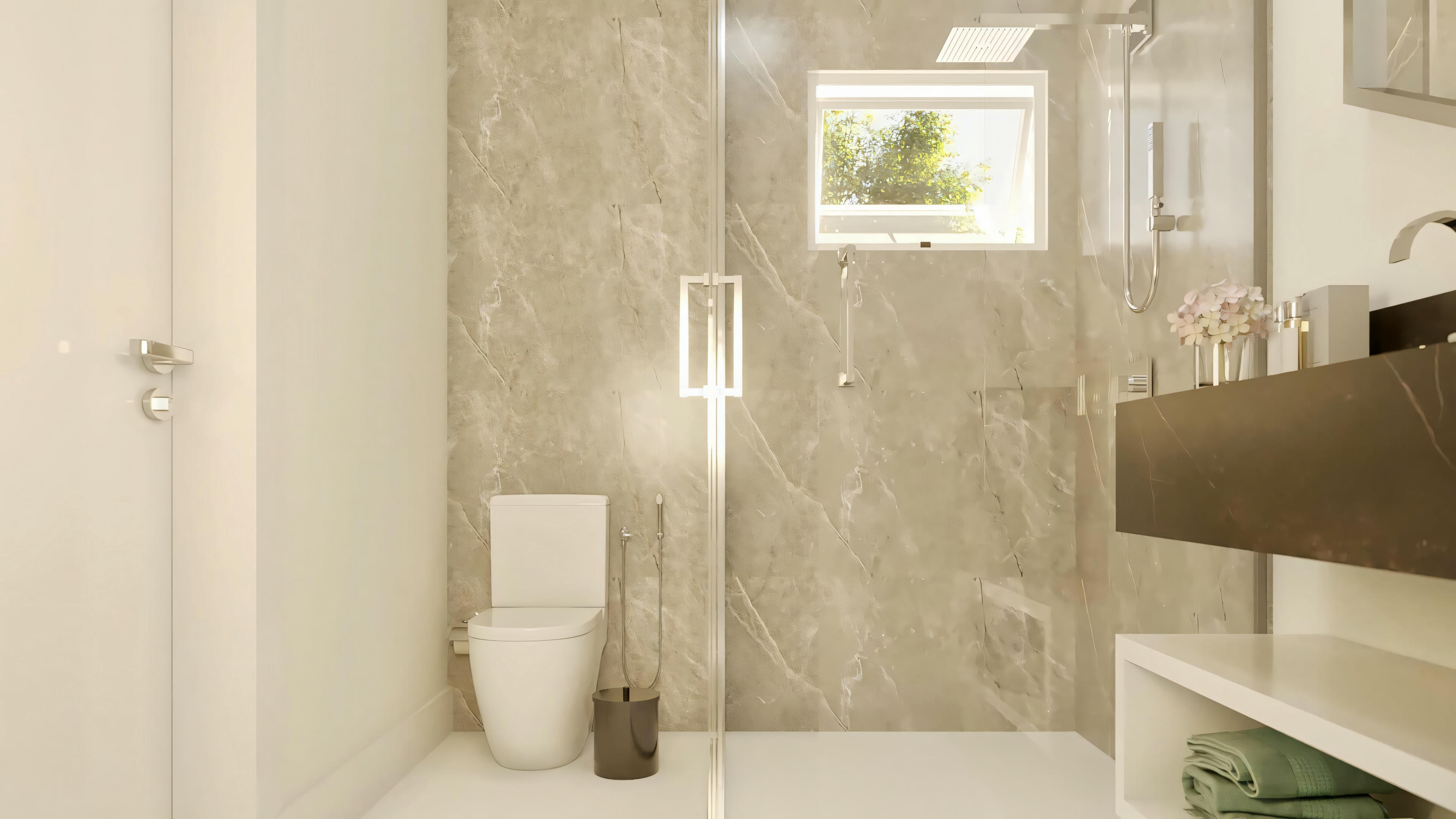 Complete suite bathroom in the single-story house project with 3 bedrooms and pool. Includes shower with marble coating, window, toilet and suspended countertop. Archshop residential project.