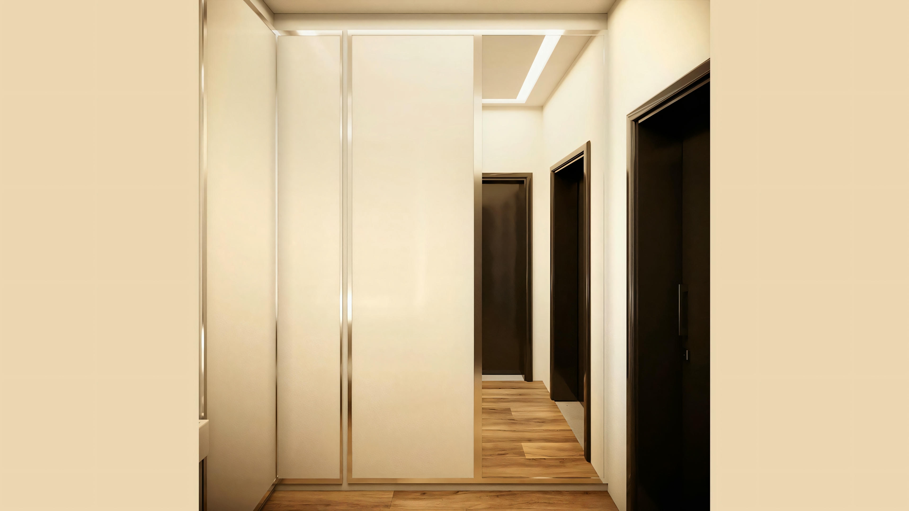 Corredor moderno com portas de um lado e parede do outro, levando a uma área iluminada ao fundo.