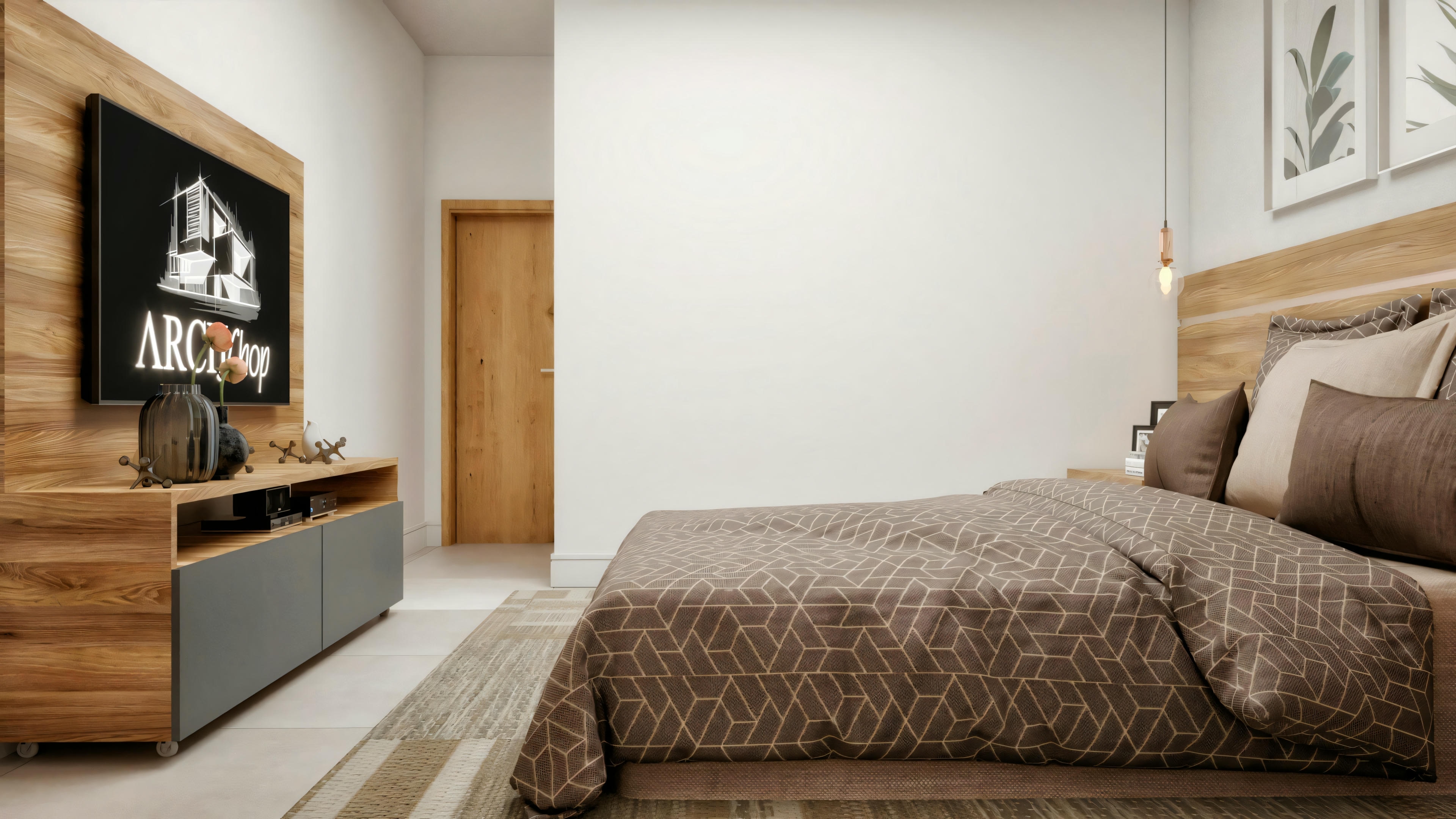 Side view of the master bedroom in a 3-bedroom country house, highlighting the wooden TV panel with a matching suspended rack, and an access door in the background.