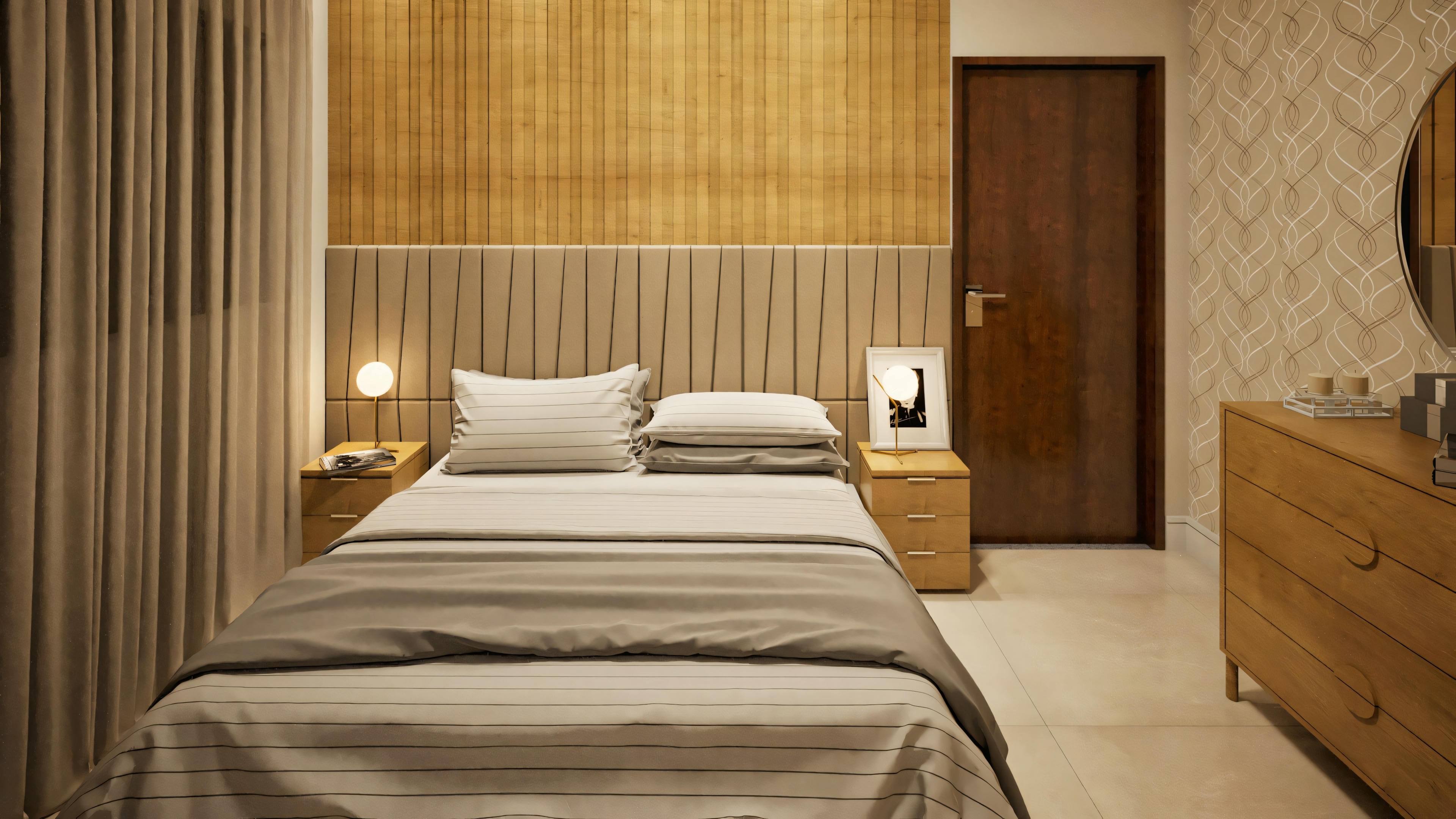 A bedroom with a centered bed, white bedding, nightstands with lamps, and wooden panels on the wall.