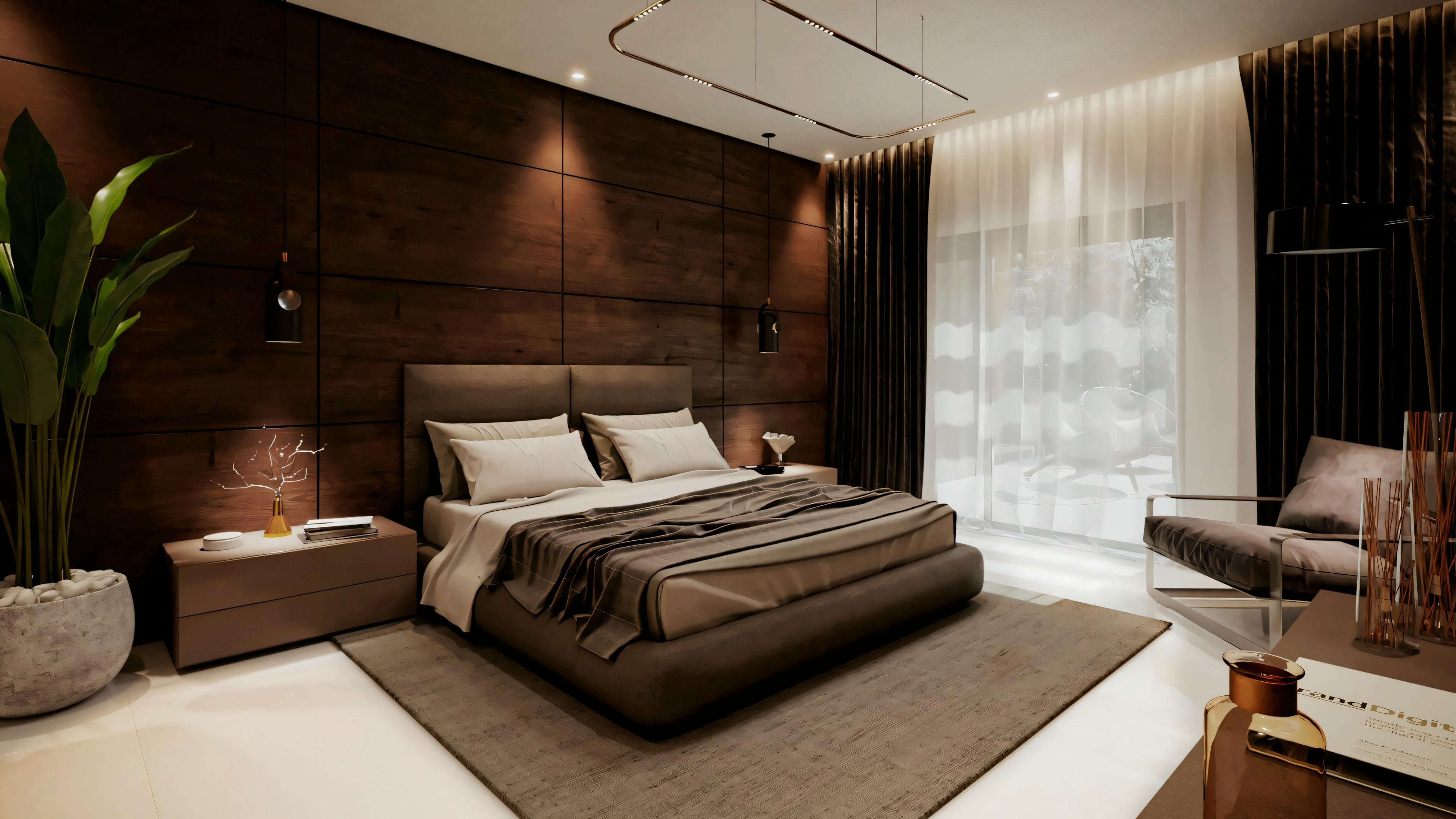 A cozy bedroom with warm tones and wood finishes, including a bed with a wooden headboard and cozy decor.
