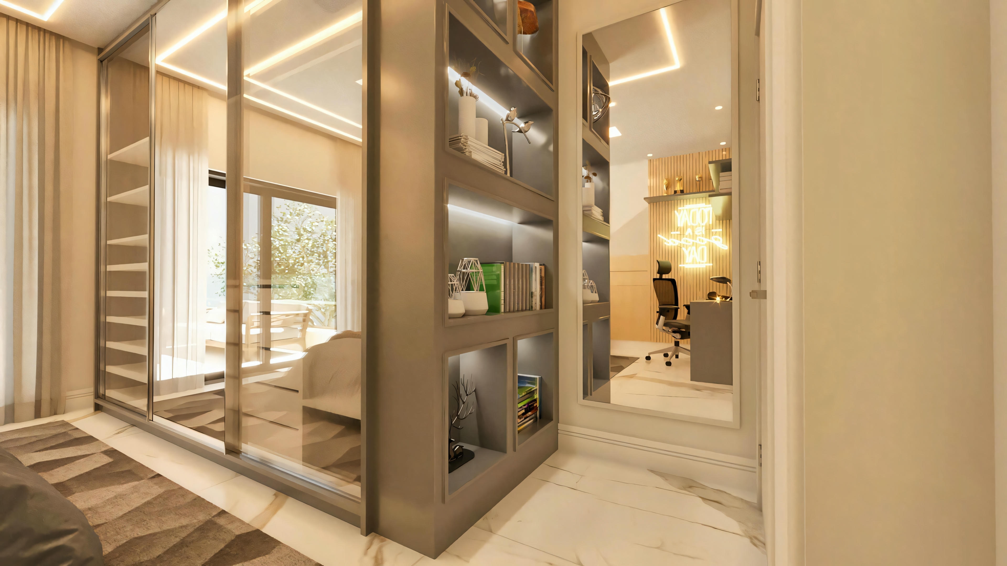 Detalle de la marcenaria en dormitorio suite de proyecto residencial de lujo, mostrando armario, estanterías iluminadas y espejo de cuerpo entero.