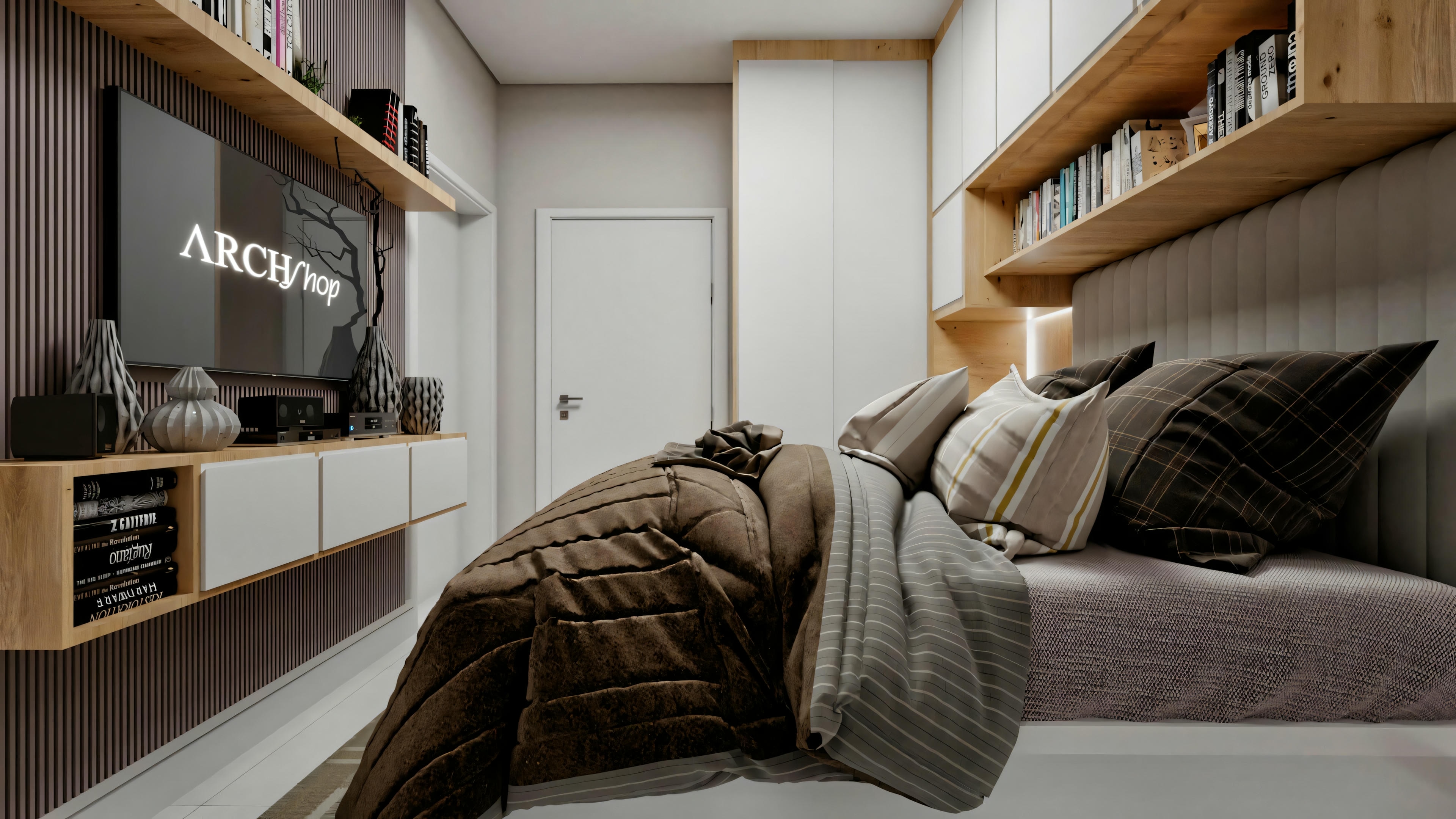 Dormitorio acogedor con estantes arriba de la cama e iluminación cálida.