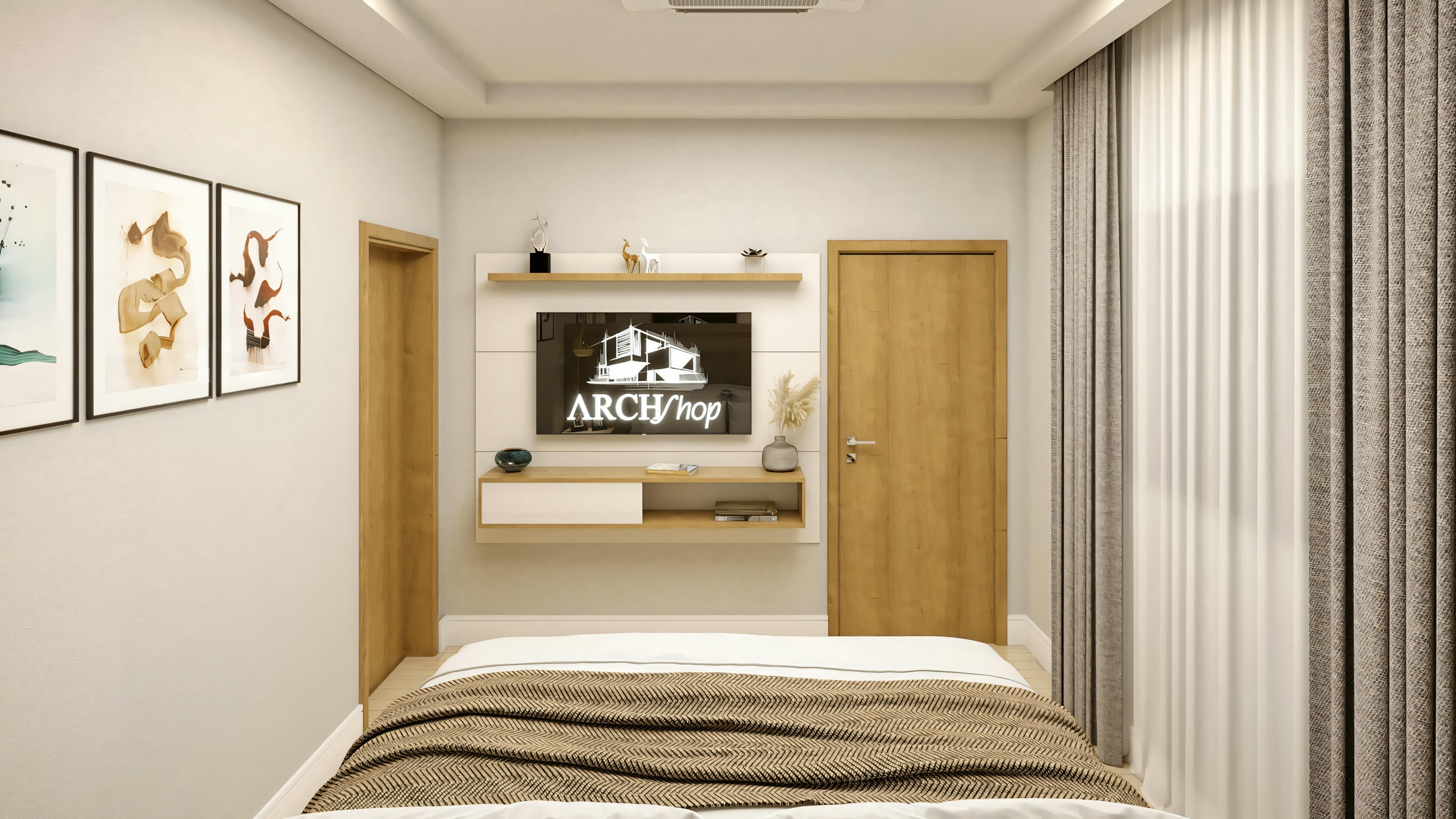 Un dormitorio con cama, mesillas de noche y lámparas. También hay una zona de tocador o escritorio con espejo iluminado.