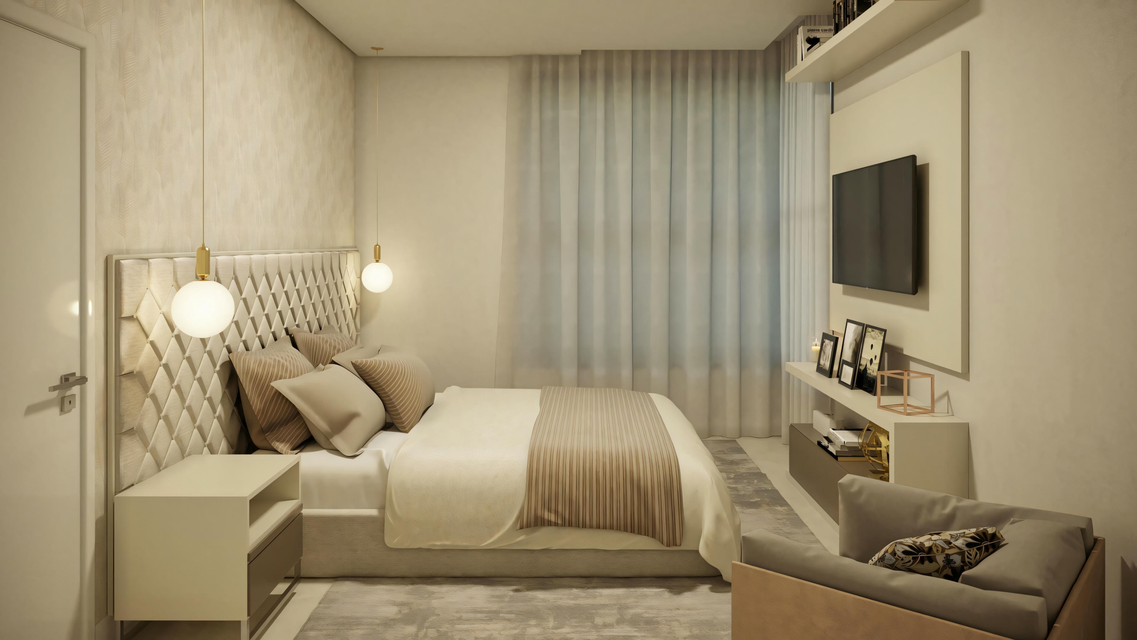 Dormitorio moderno con cabecero tapizado, mesita de noche y televisión montada.