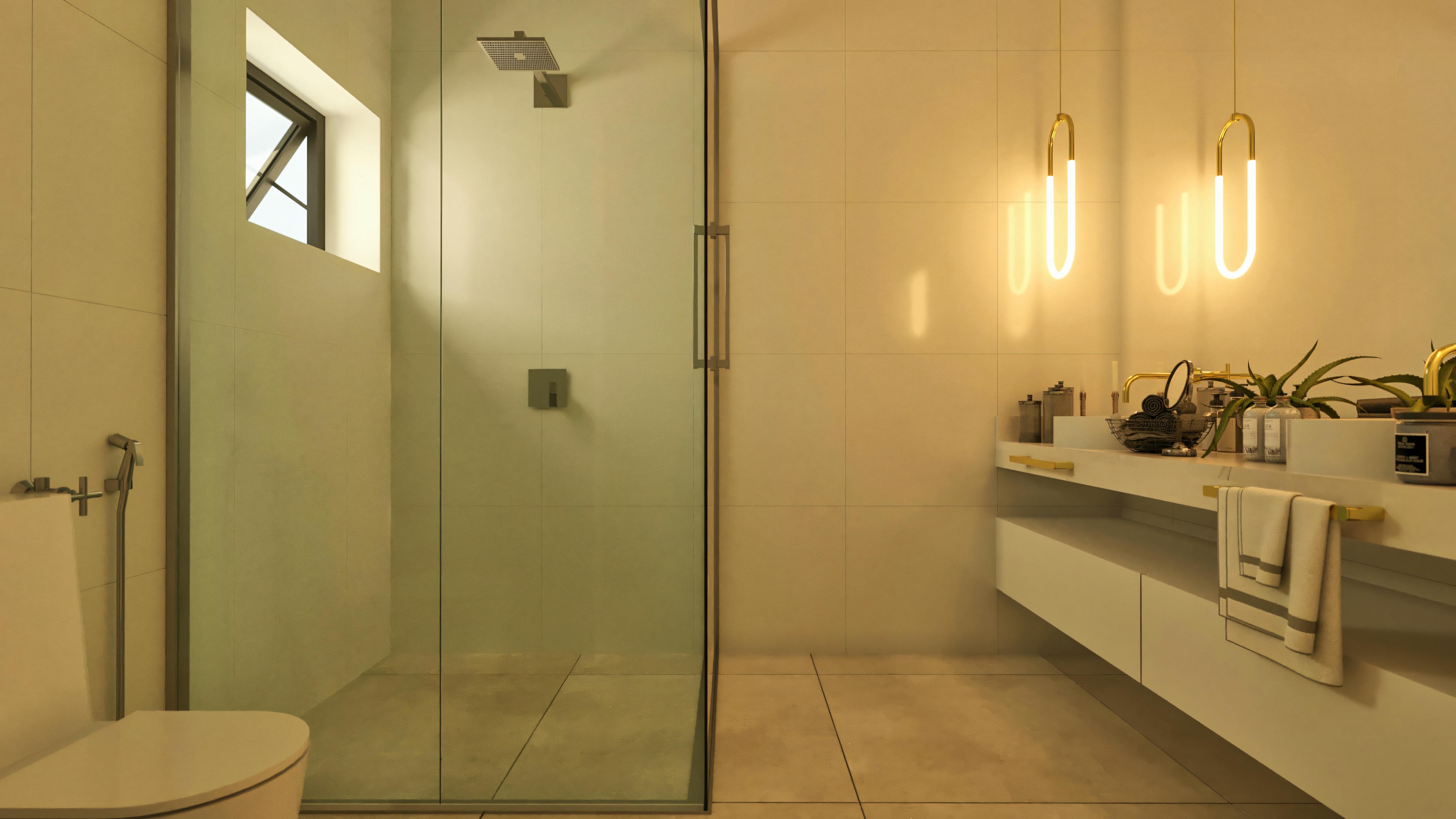 Overall view of the bathroom in one of the suites of the 210sqm modern two-story house, integrating the countertop area with double sink and modern pendant lighting with the shower and toilet area.