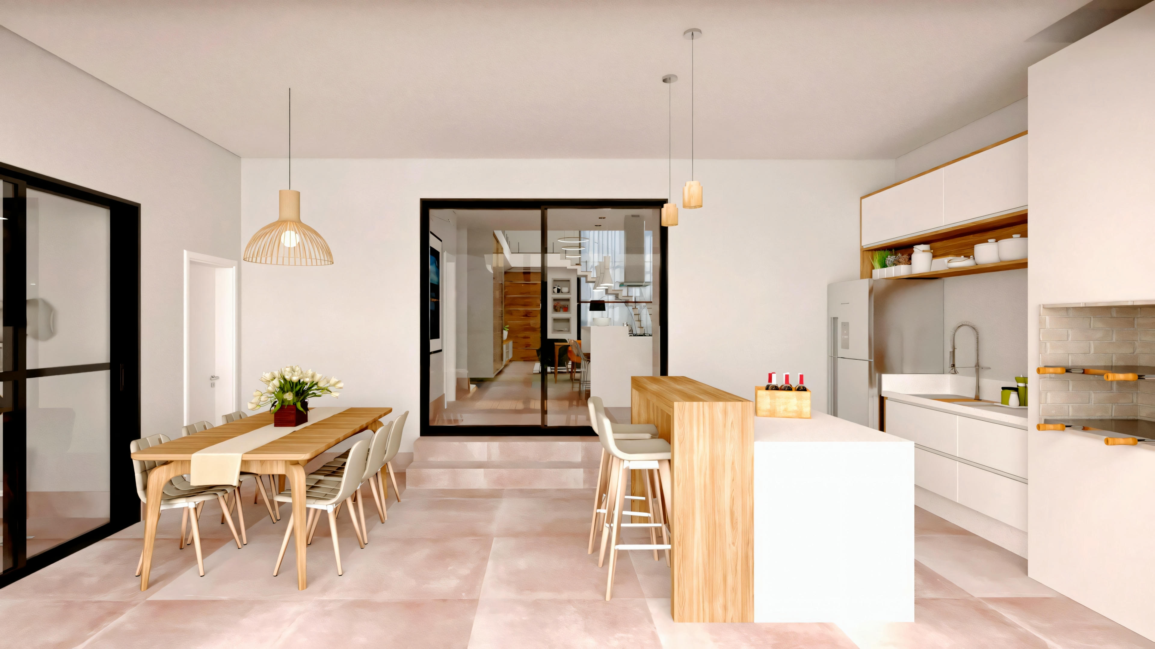 Larger space, possibly a combined kitchen and dining area, with a long dining table and chairs in the foreground, pendant lights above, and a kitchen counter with stools in the background.
