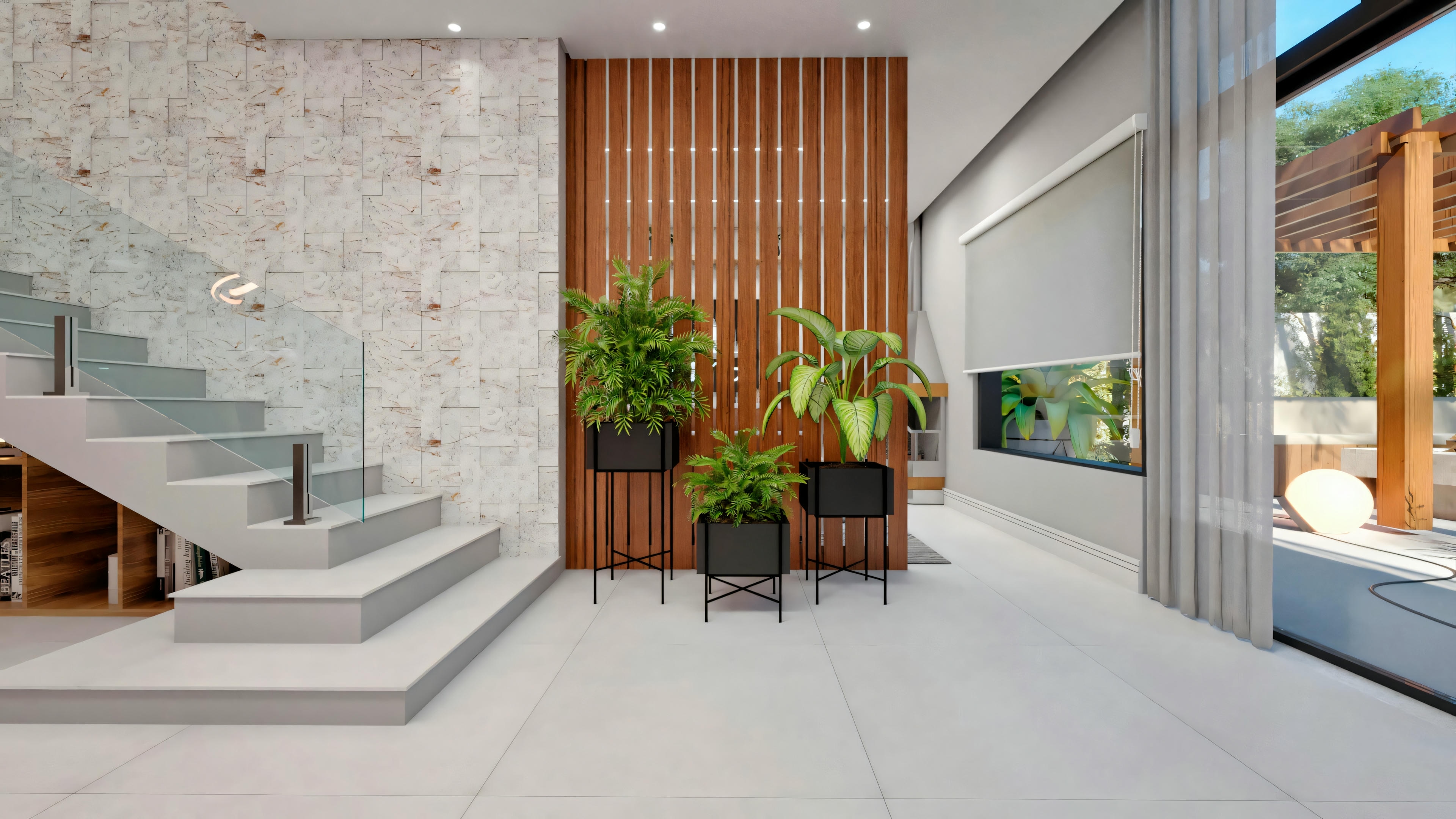 Espaço interior, possivelmente um lobby ou hall de entrada, com elementos de madeira, plantas e uma escada.