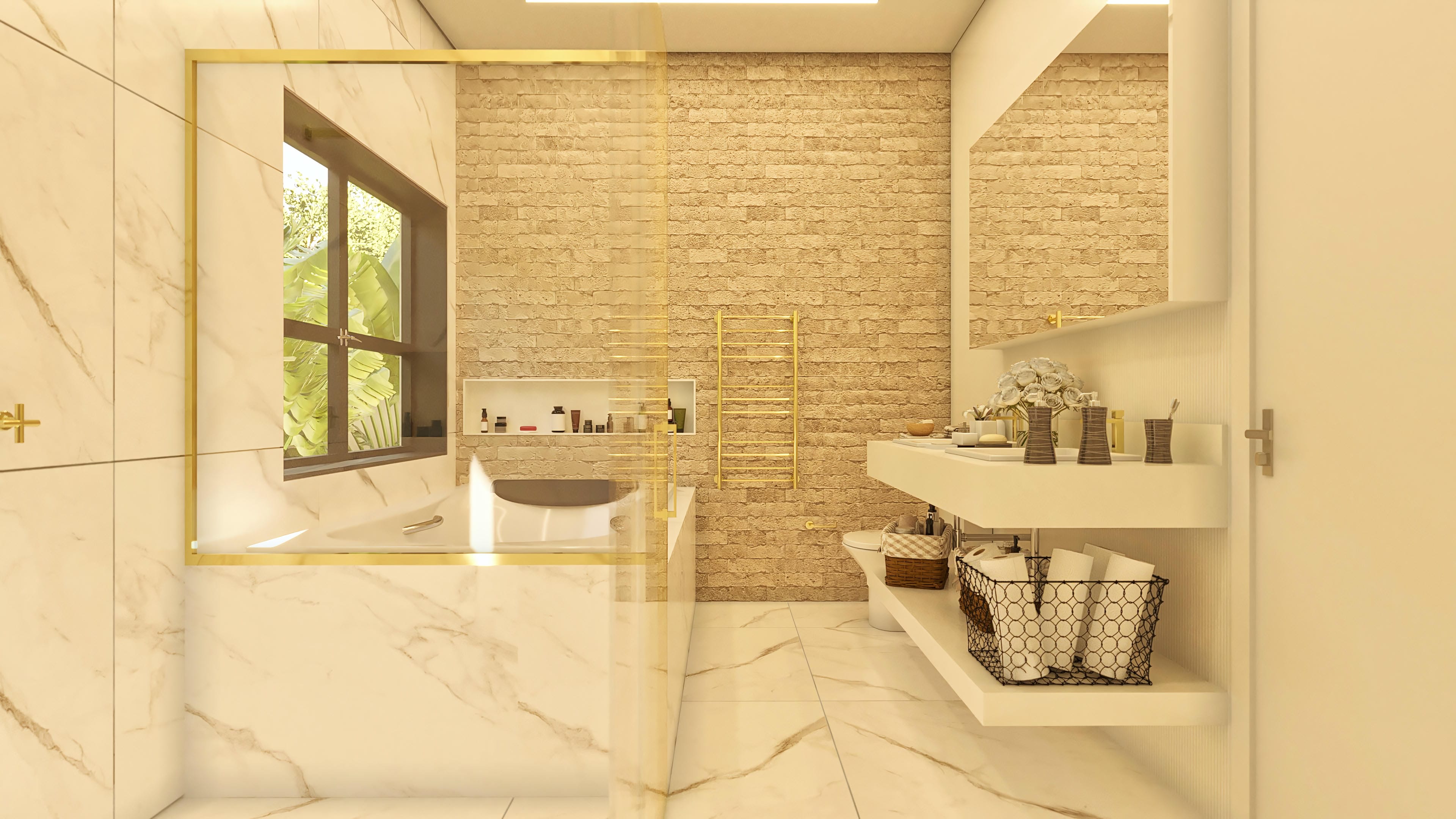 An elegant bathroom with a marble-clad soaking tub and gold details. Exposed brick wall with niches for organization.