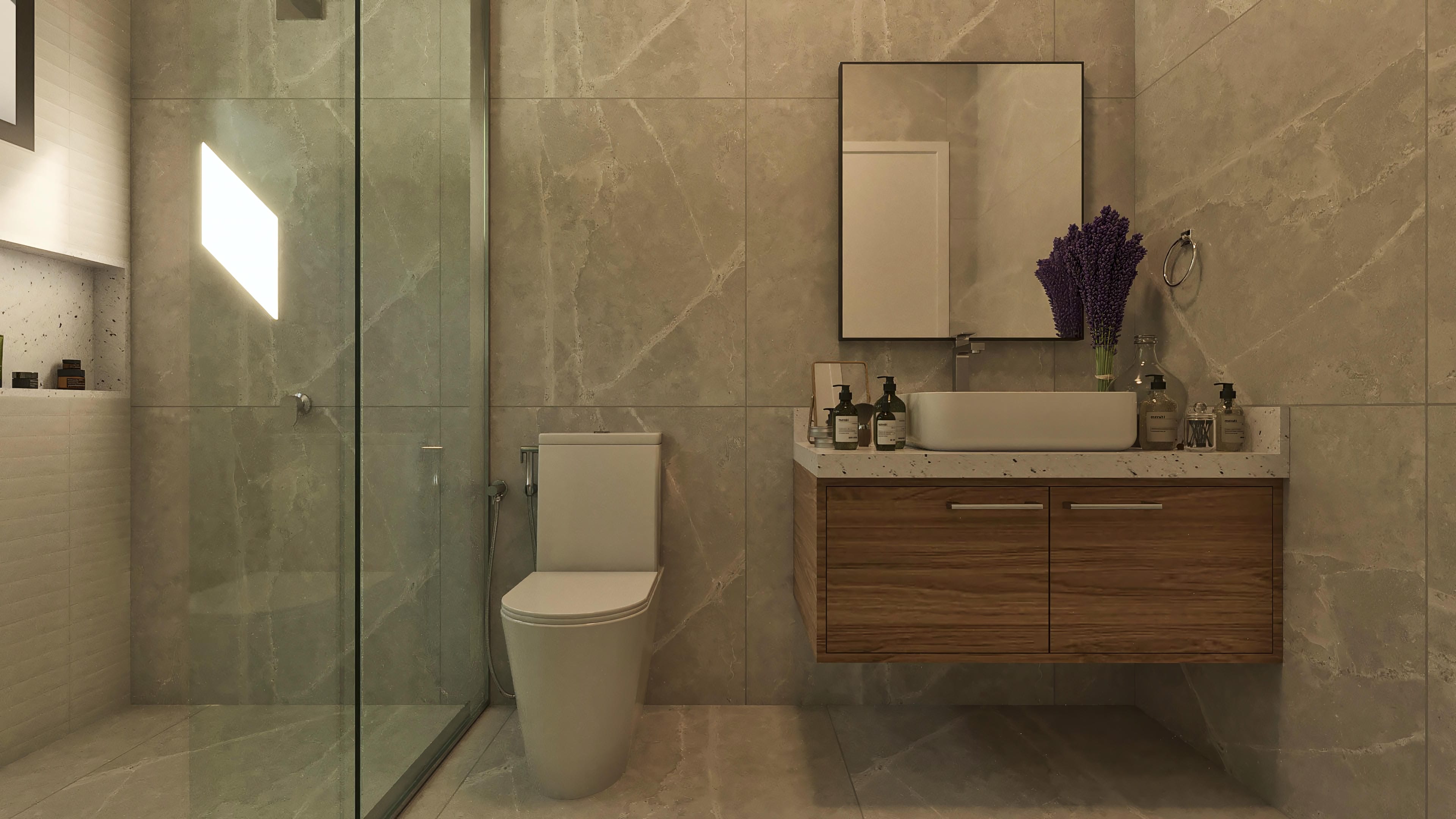 Interior of a modern bathroom with porcelain cladding that imitates marble, tempered glass enclosure, clean design toilet, suspended wooden countertop with sink, and mirror.