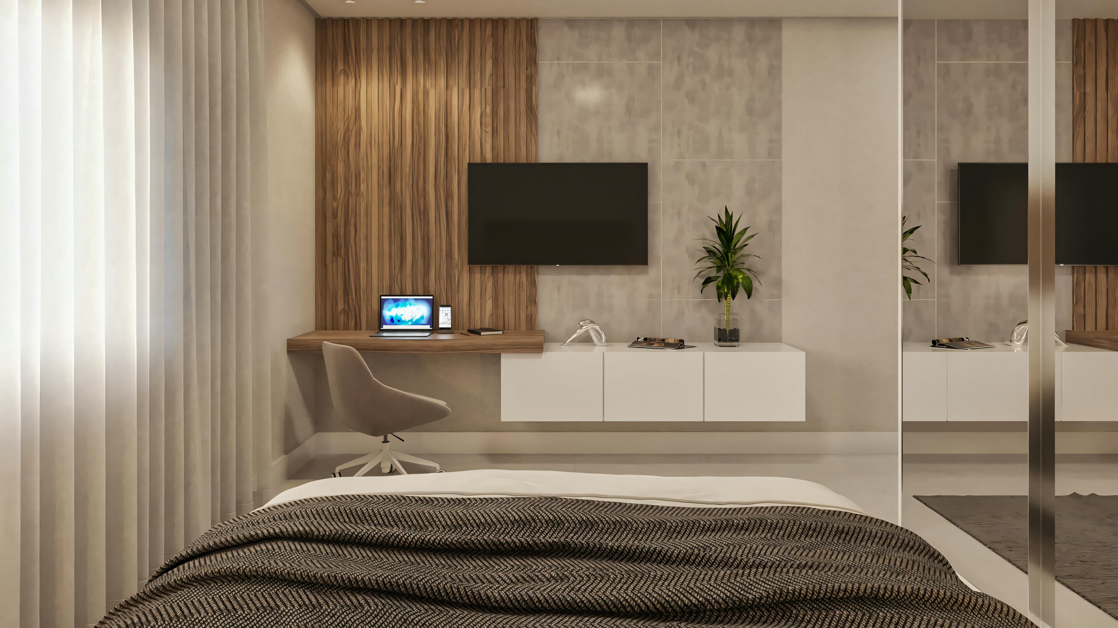 Modern bedroom with bed, nightstands, and television.