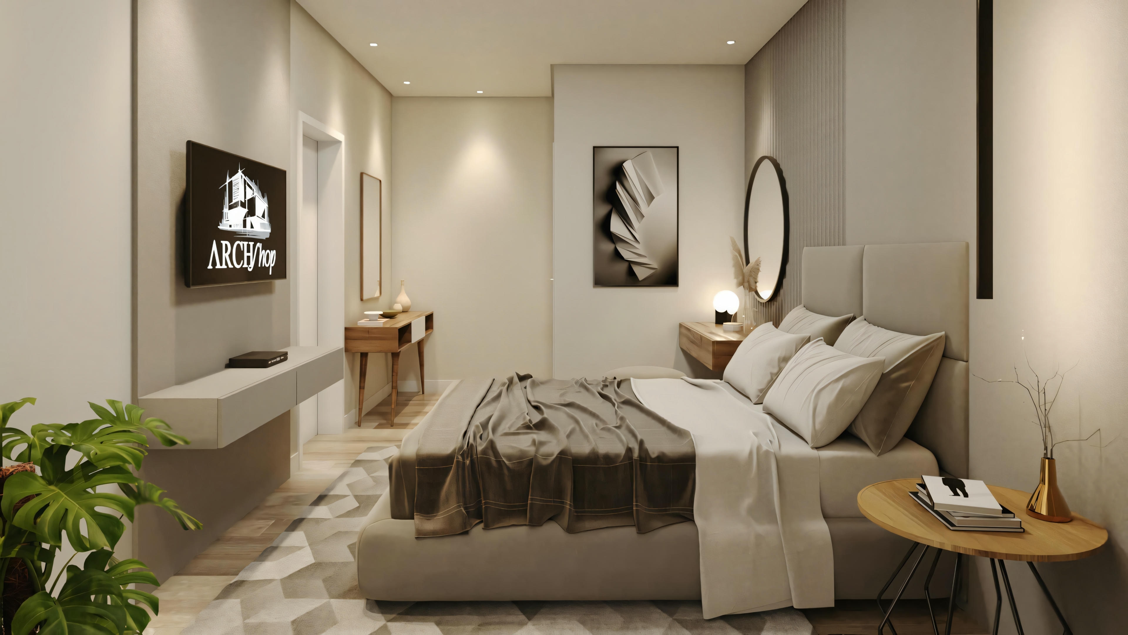 A modern bedroom with a bed with gray and white bedding, two nightstands with lamps, a flat-screen television mounted on the wall opposite the bed, and a potted plant in the corner.